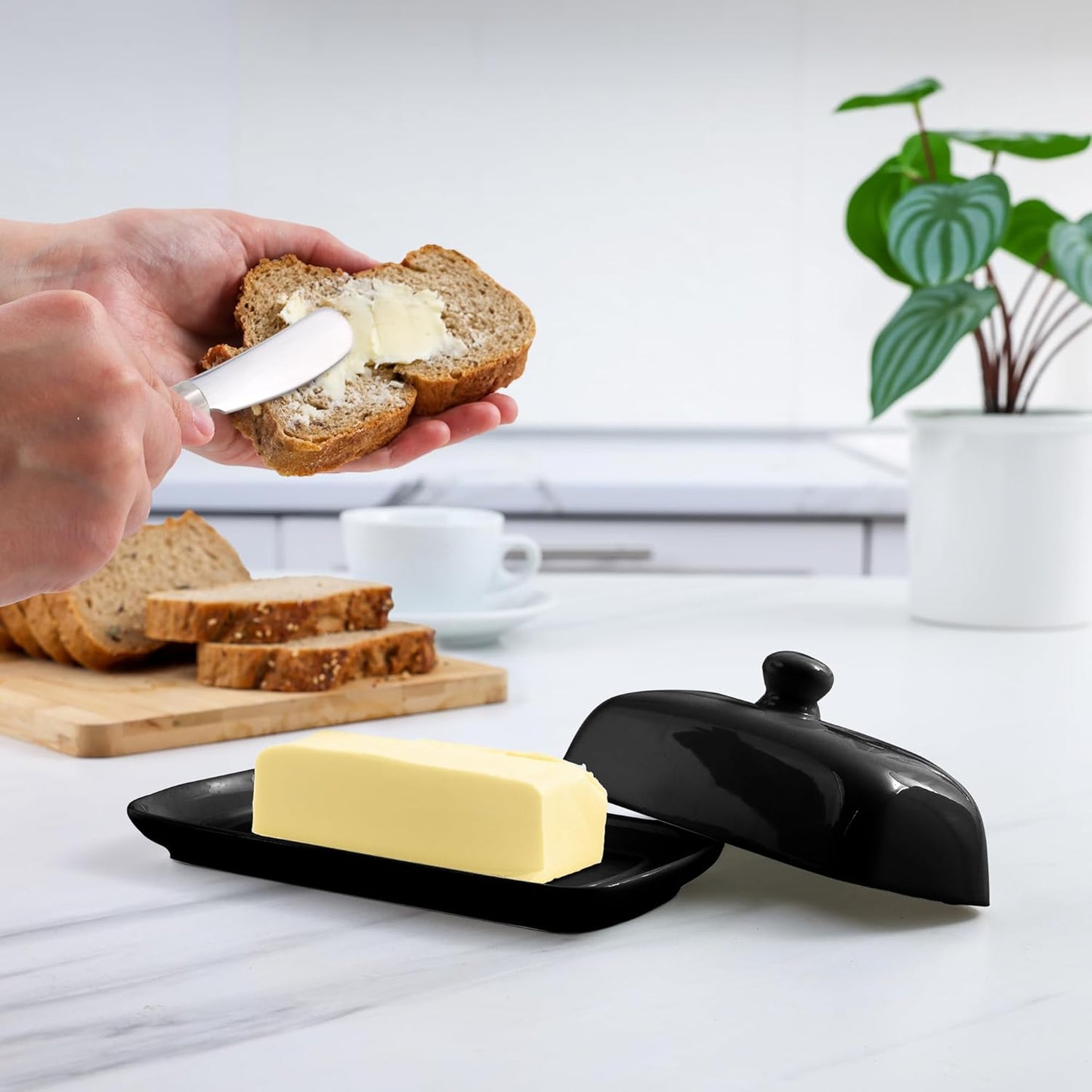 Zulay Kitchen Butter Dish With Lid For Countertop - Porcelain White, Ceramic Butter Dish with Knob Handle Great for Cooking - Elegant Design Butter Holder - Durable & Sturdy Butter Keeper - Black