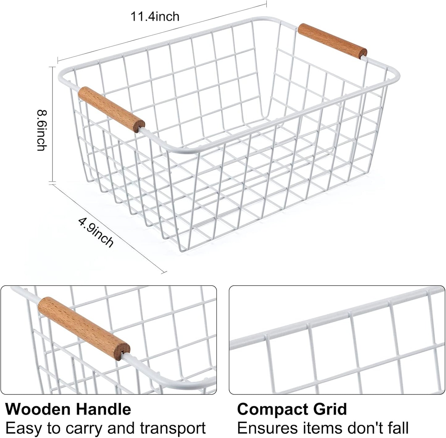 Wire Basket 4 Pcs Wire Storage Baskets Wire Baskets Organizing with Wooden Handles Wire Basket Pantry Organization and Storage Metal Wire Food Storage Basket for Kitchen, Cabinets (White 4PCS)