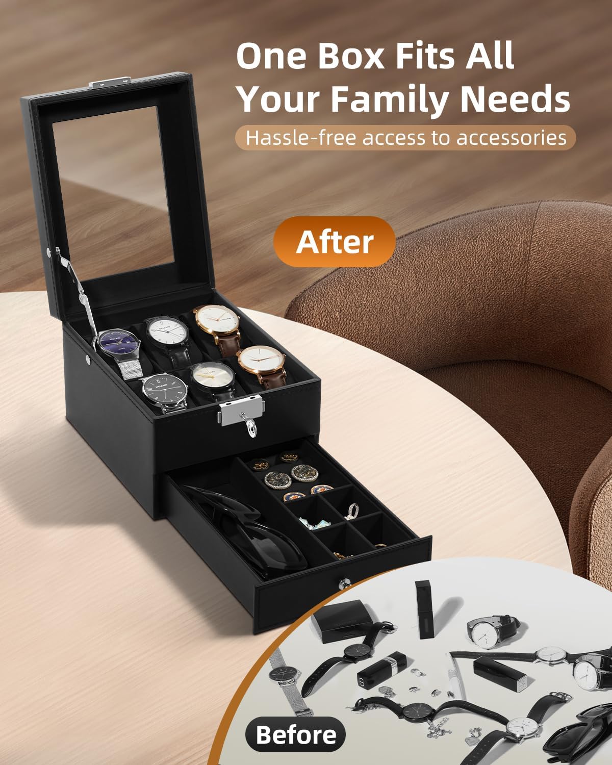Uten 6-Slot Watch Box, 2-Layers PU Leather Watch Case with Glass Lid, Watch Holder Organizer with Soft Pillow and Velvet Lining, Watch and Jewelry Storage Box, Black