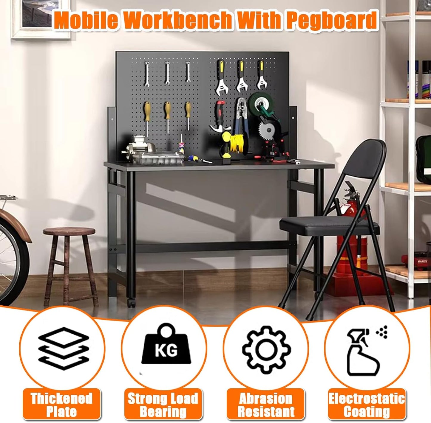 Work Bench for Garage, 45.5" Heavy Duty Workbench with Pegboard, Foldable Steel Work Table with Wheels for Woodworking Shop Garage Home Office Warehouse, Easy Assembly
