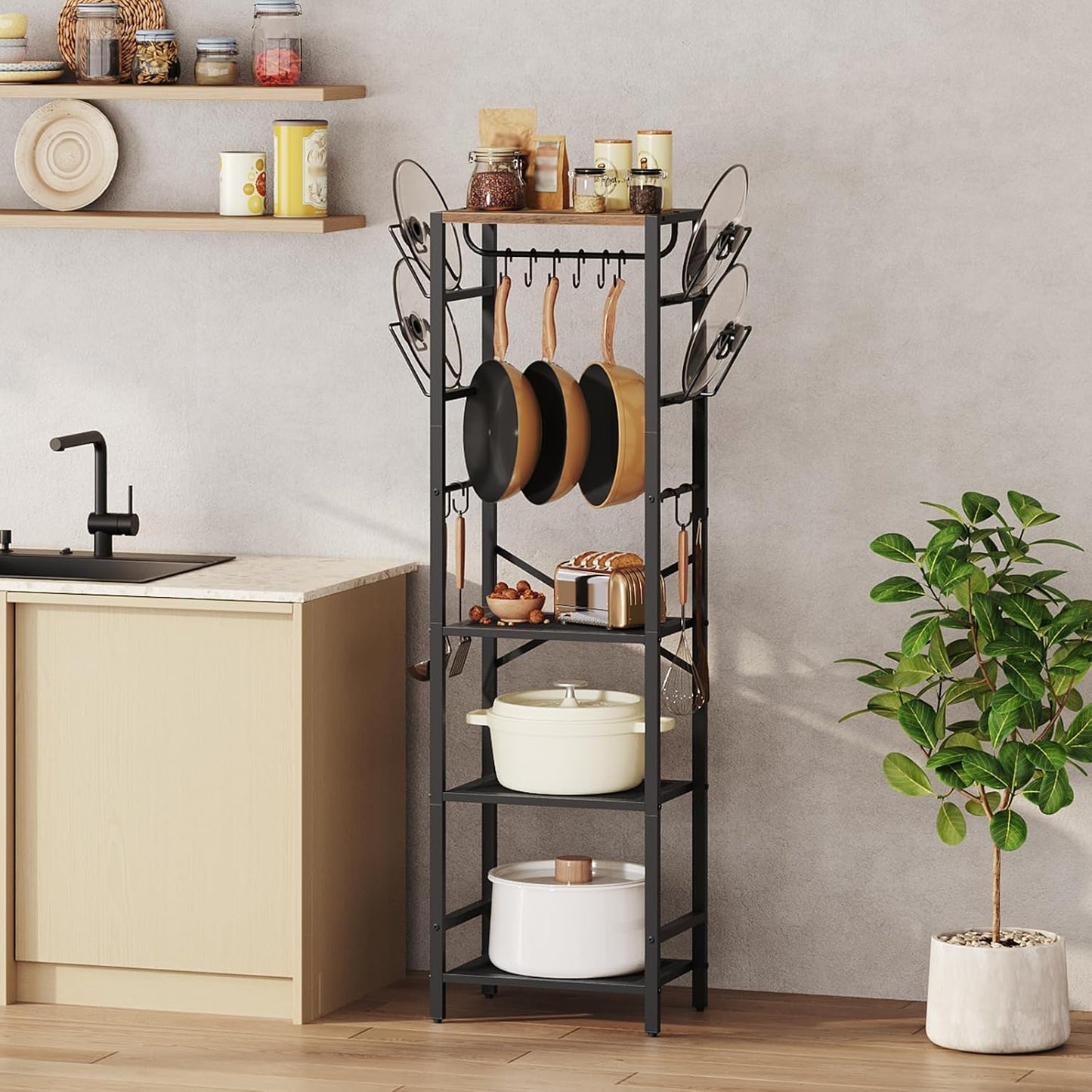 4-Tier Pot Rack, Pots and Pans Organizerand for Kitchen, Lid Organizer Rack with U-Shaped Lid Holders, Kitchen Storage Shelf for Standing Cookware, Rustic Brown and Black POHR3001