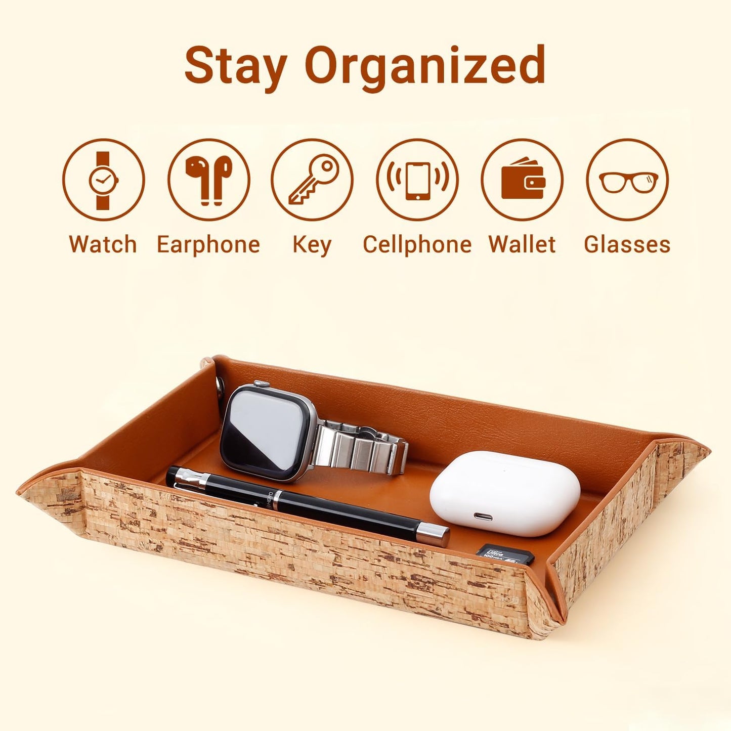 EZDeco PU Leather Valet Tray Premium Nightstand Organizer Caddy Holder for Men and Women Jewelry Keys Rings Glasses Coins Desk Storage Brown