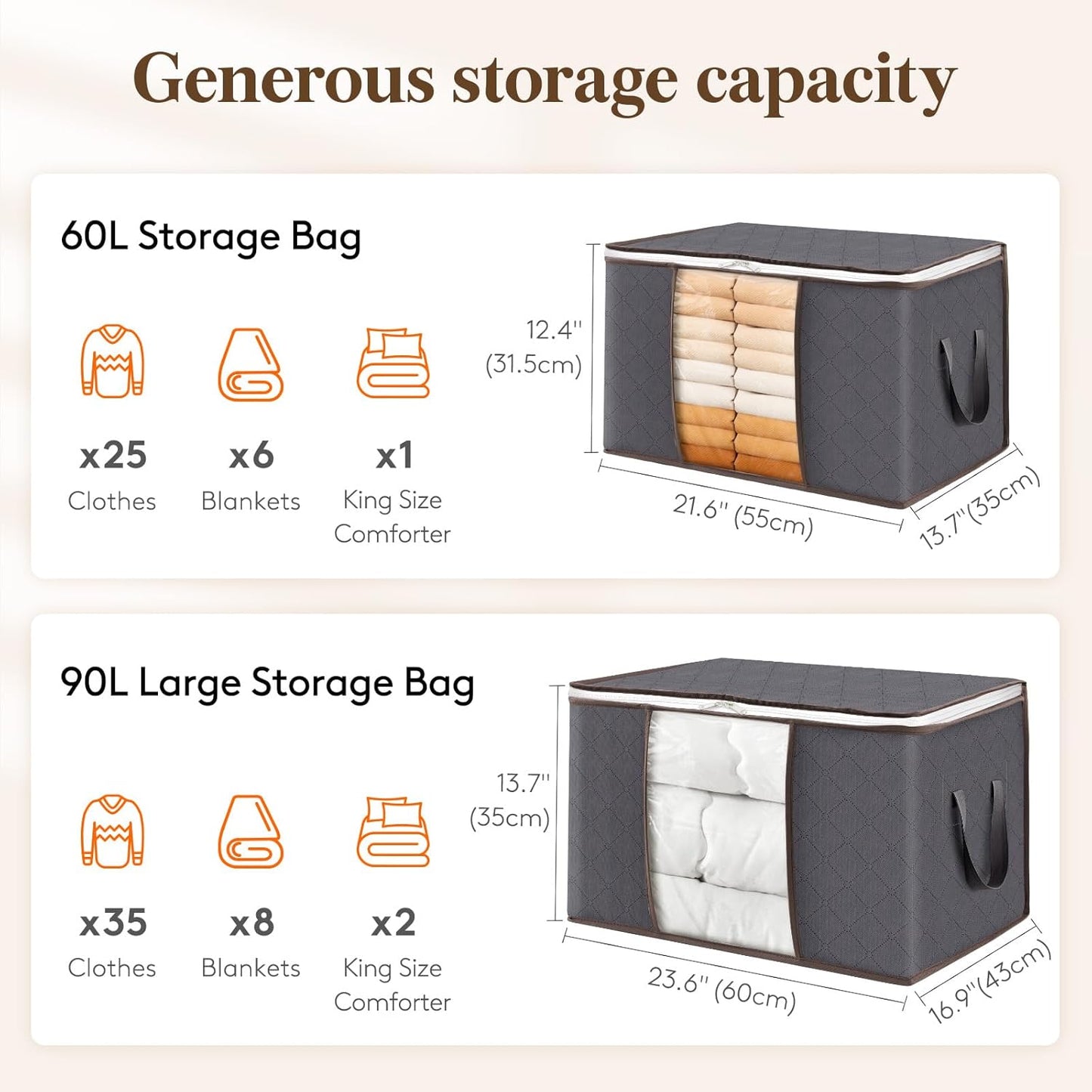 Lifewit 8 Pack Foldable Clothes Storage Bins with Lids, Gray, Non-woven Fabric, Rectangular, Sturdy Zipper, Reinforced Handle, 21.6" x 13.7" x 12.4", 60L Capacity Each, Ideal for Clothes and Bedding
