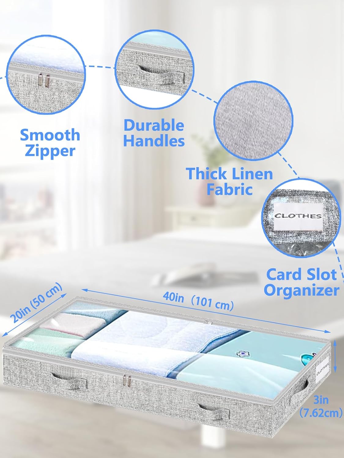 Low Profile Under Bed Storage, 3-Inch High Foldable Underbed Storage Bins with Lid & Zipper, No Structure, Super Slim Clothes Organizer for Crib Dorm Couch Low Bed, 4-Pack, Clear Top