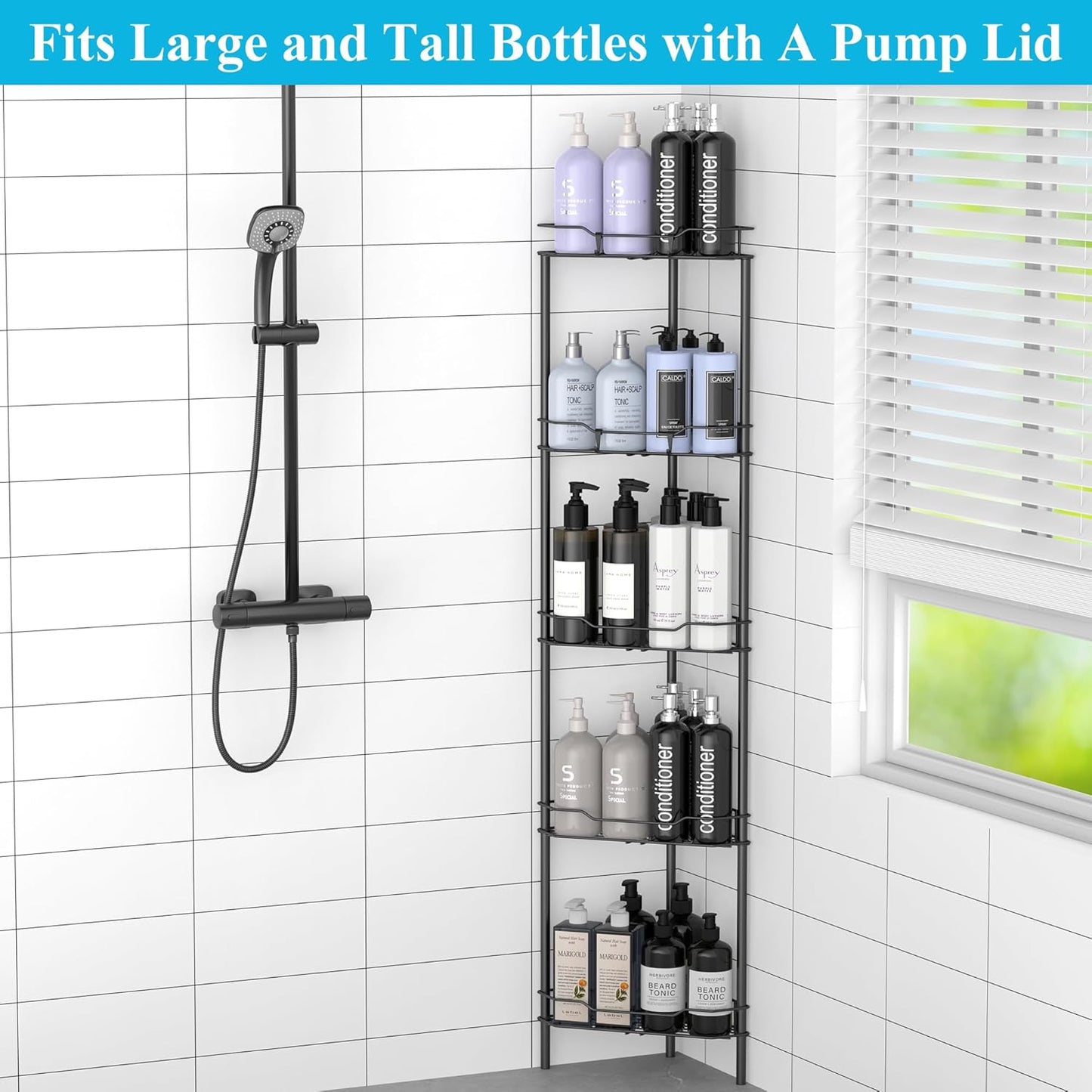 5 Tier Floor Standing Corner Shower Caddy Organizer Shelf with Hooks, Bathroom Shelves Stand Rack, Matt Black