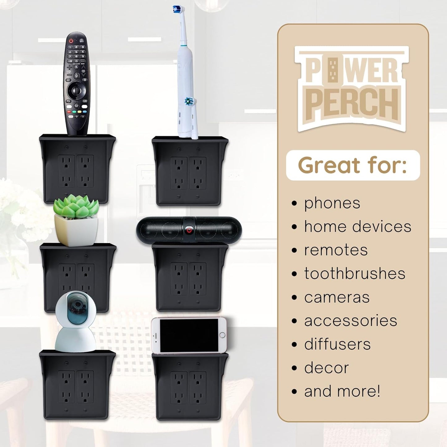 Storage Theory Power Perch Double Wall Outlet Shelf - Declutter & Reclaim Bathroom Counter Space - Alexa Stand, Apple Homepod Shelf, Toothbrush Holders Wall Mounted - Black, 2-Pack