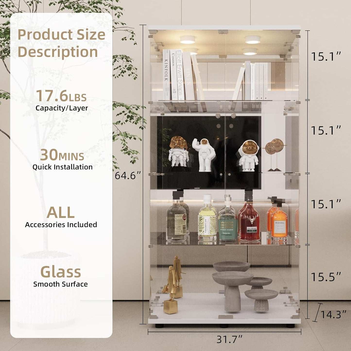 Beauty4U Glass Display Cabinet with LED Light and Mirror, 4 Shelves with 2 Doors, Curio Cabinets for Living Room, Bedroom, Office, White Floor Standing Glass Bookshelf, Quick Installation
