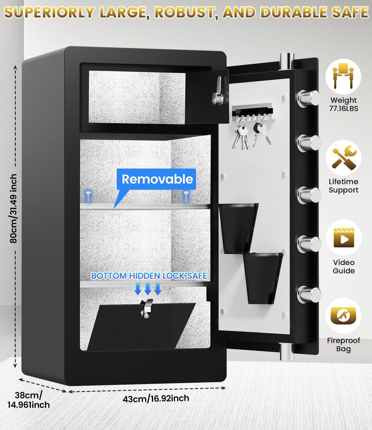 8.0 Cuft Heavy Duty Biometric Safe Box with Fireproof Waterproof Bag, Large Document Storage with Bottom Hidden Compartment, Anti-Theft Dual Alerts, Mute Mode, Digital Security for Business,