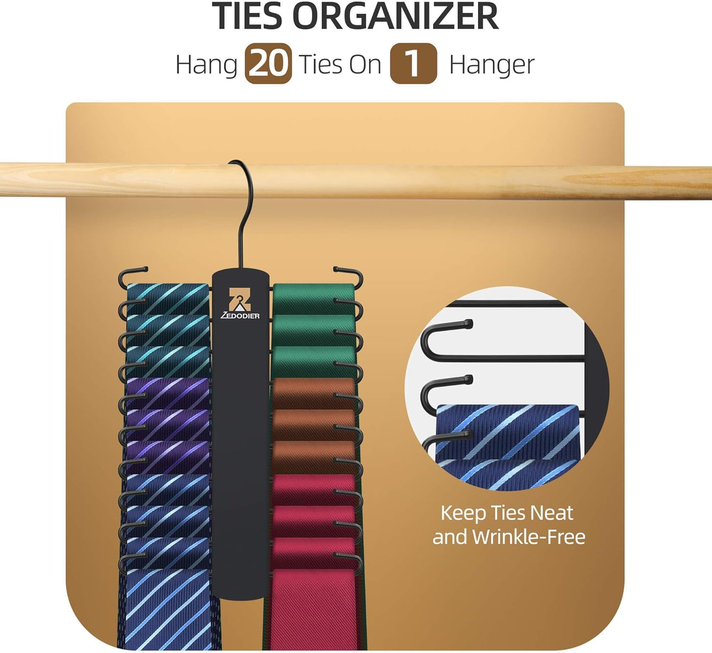 ZEDODIER 2 Pack Tie Hanger with 40 Hooks, Space Saving Necktie Organizer for Men, Large Capacity Tie and Belt Wooden Hanger for Closet, Black