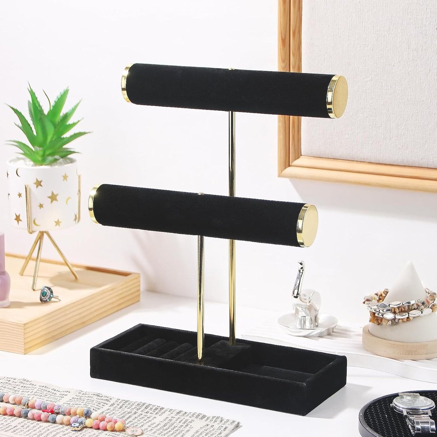 Bracelet Holder, 2-Tier Bracelet Display Stand for Vendors, T-Bar Necklace Scrunchie Storage Rack, Bangle Watch Jewelry Display Tower(Black，2 Tier)