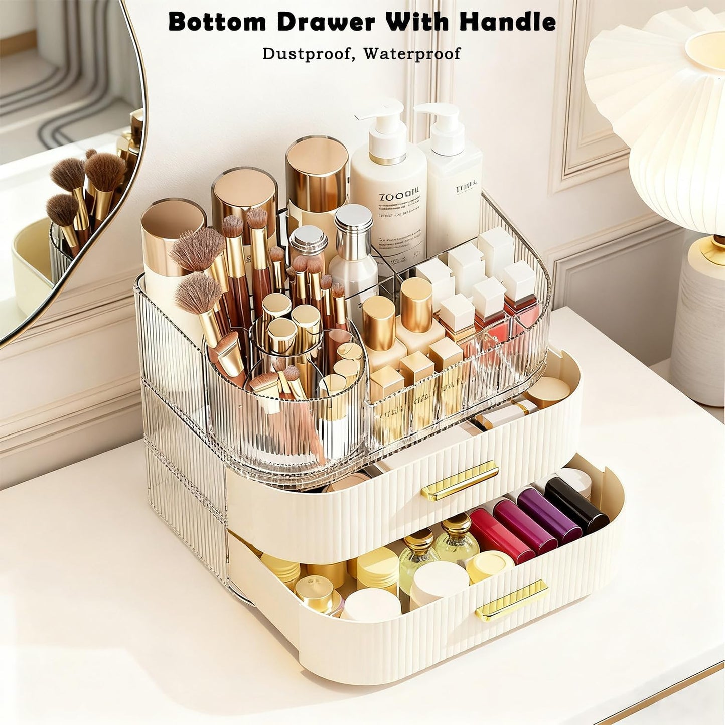 Makeup Organizer for Vanity with Stackable Drawers, 360 Rotating Makeup Brush Holder Large Cosmetic Display Case for Dresser, Bathroom Countertop Skincare Organizers and Storage (3-layer)