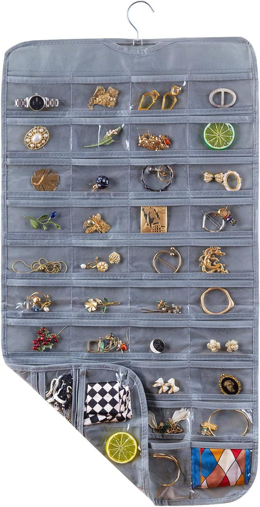 Bloss Hanging Jewelry Organizer With 80 Pockets Jewel Hanger For Jewelry Earring Storage Hanging Pocket Organizers Earring Holder Organizer for Mothers Day Gifts-Gray