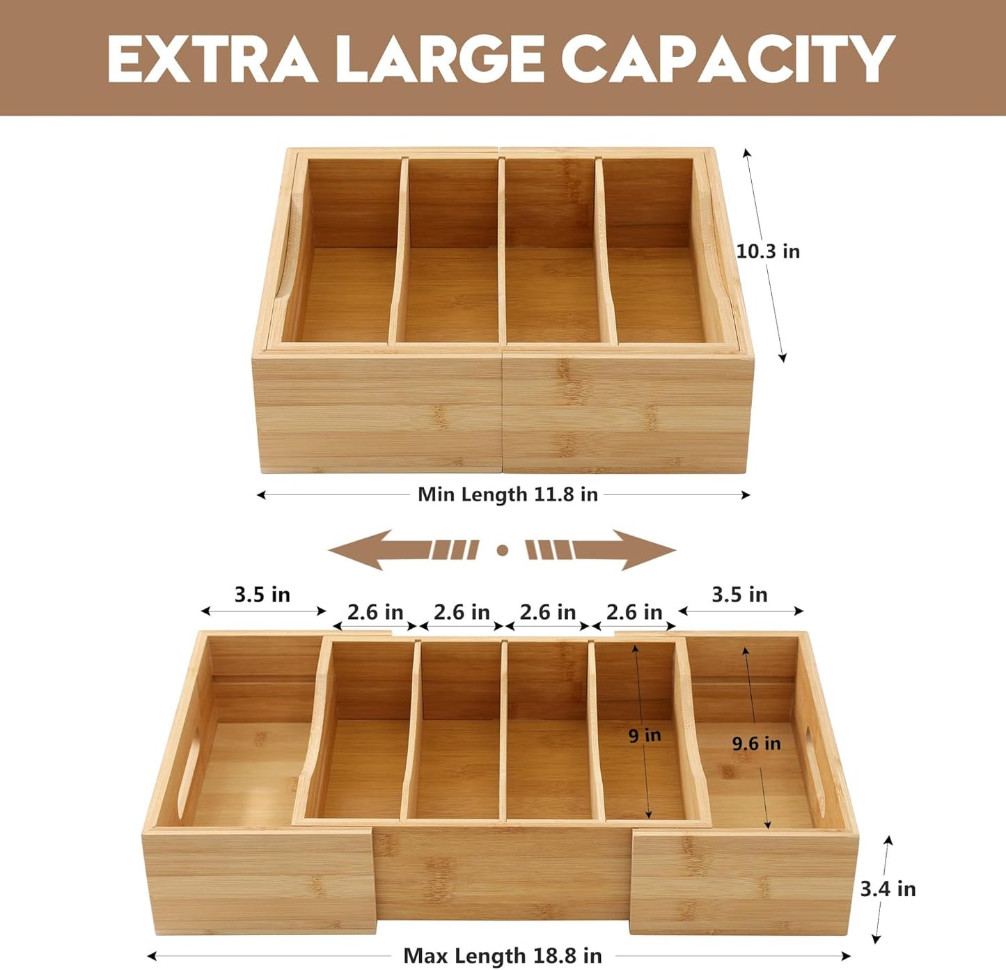 2 Pack Expandable Food Container Lid Organizers, Gift for Christmas Bamboo Lids Organizer Inside Cabinet with 3 Adjustable Dividers Groove Design, Food Storage Box Lid Holder for Kitchen Organization