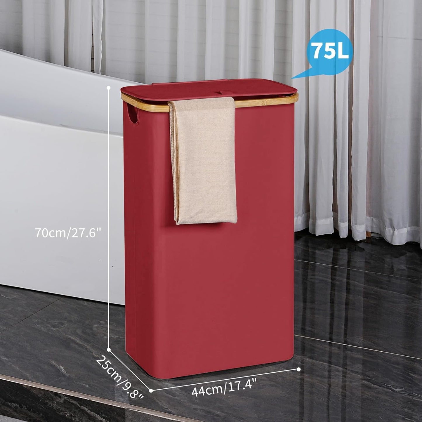 efluky Slim Laundry Basket with Lid, Narrow Laundry Hamper with Removable Bag, Skinny Dirty Clothes Basket with Bamboo Handles for Bathroom, Bedroom & Laundry Room, 75L Burgundy