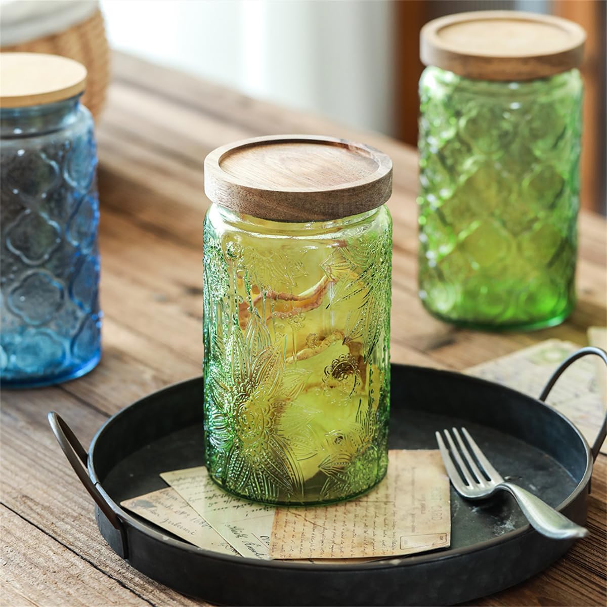 ANSQU Vintage Glass Storage Jar with Lid - 34 oz Mason Jar for Kitchen & Bathroom - Containers for Coffee, Tea, Cookies, Candy, Nuts, Pet Food, Bath Salts - Decorative Pantry Organizer (Blue & Green)