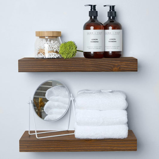 Homeforia Classic Walnut 16 inch Floating Shelf, High End Solid Real Wood Small 16inch Floating Shelves for Wall Mounted, 16in Floating Shelves, Heavy Duty Bracket, 16 X 6.5 X 1.75 inches, Set of 2