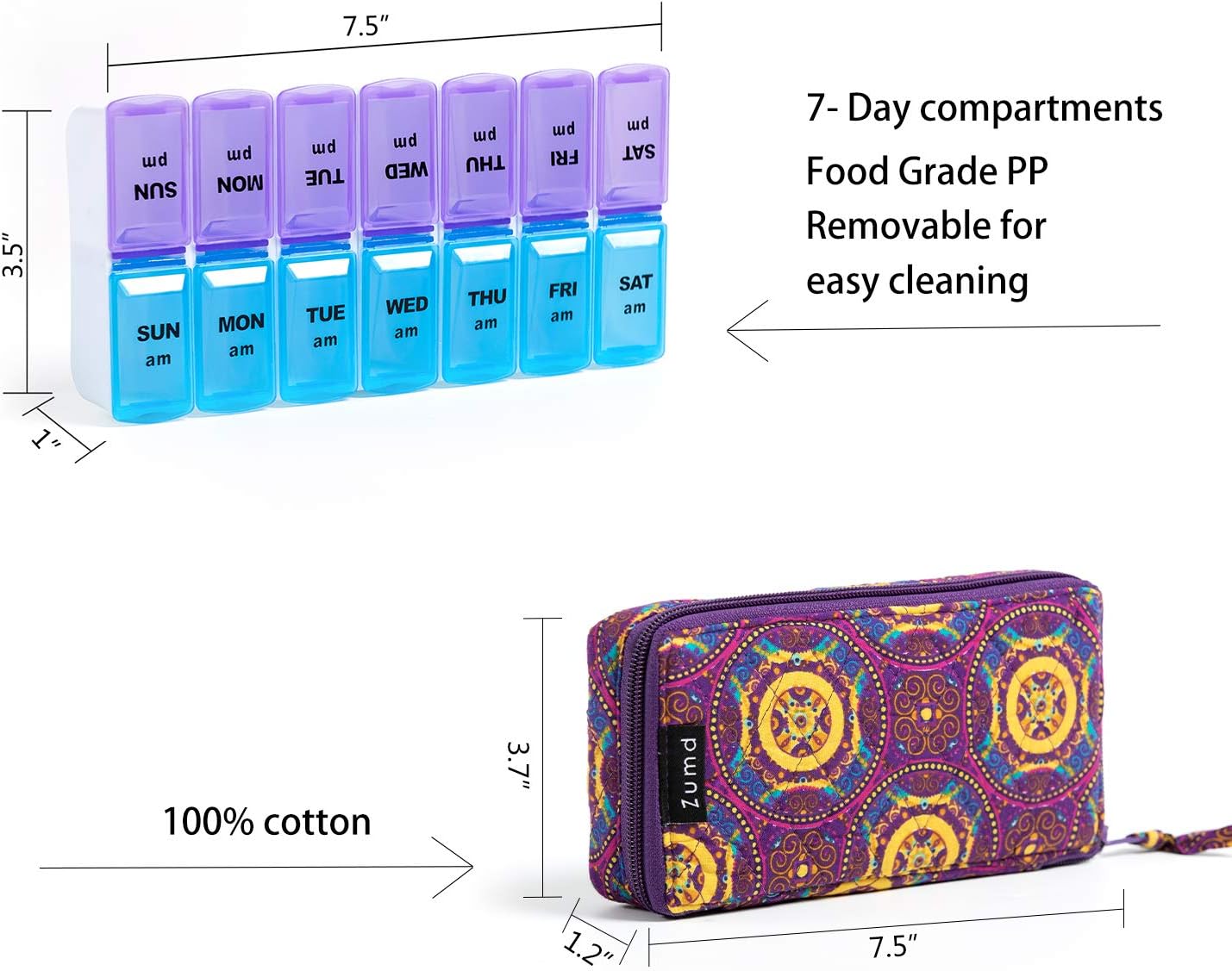 Weekly Pill Organizer 2 Times a Day, Zumd Pill Box 7 Day with Cute Quilted Fabric Zipper Case, Travel Pill Case Am Pm for Vitamin Medicine Organizer