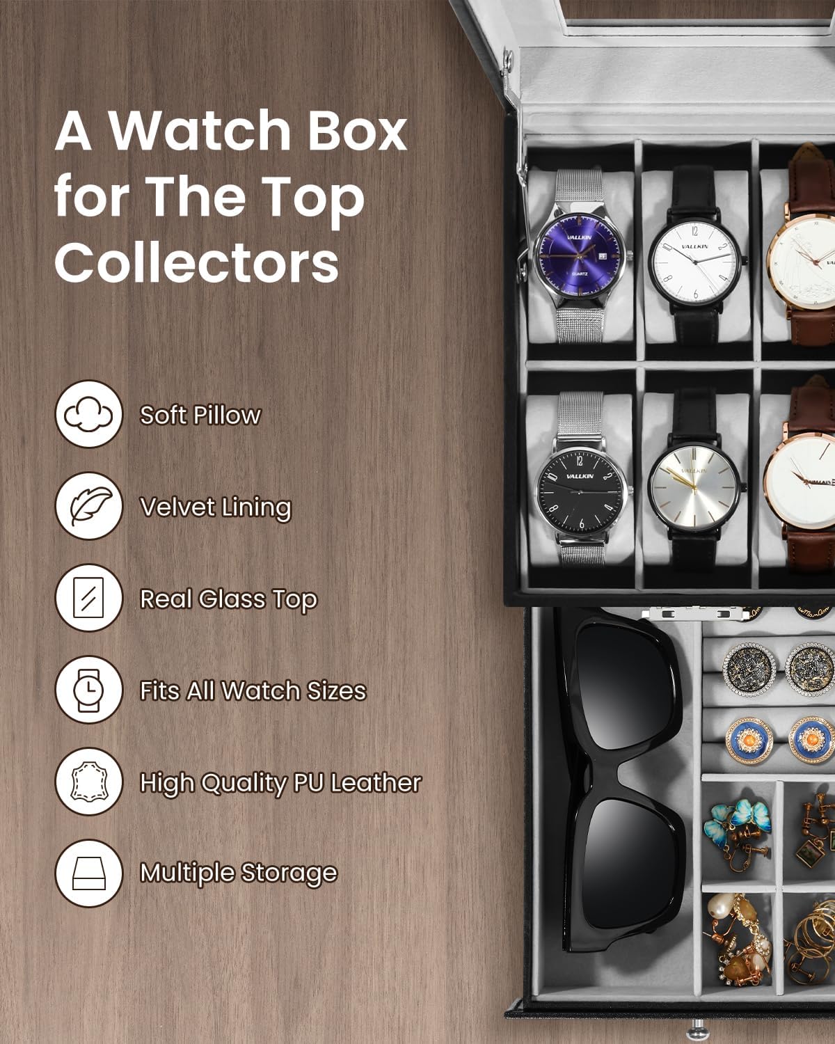 Uten 6-Slot Watch Box, 2-Layers PU Leather Watch Case with Glass Lid, Watch Holder Organizer with Soft Pillow and Velvet Lining, Watch and Jewelry Storage Box