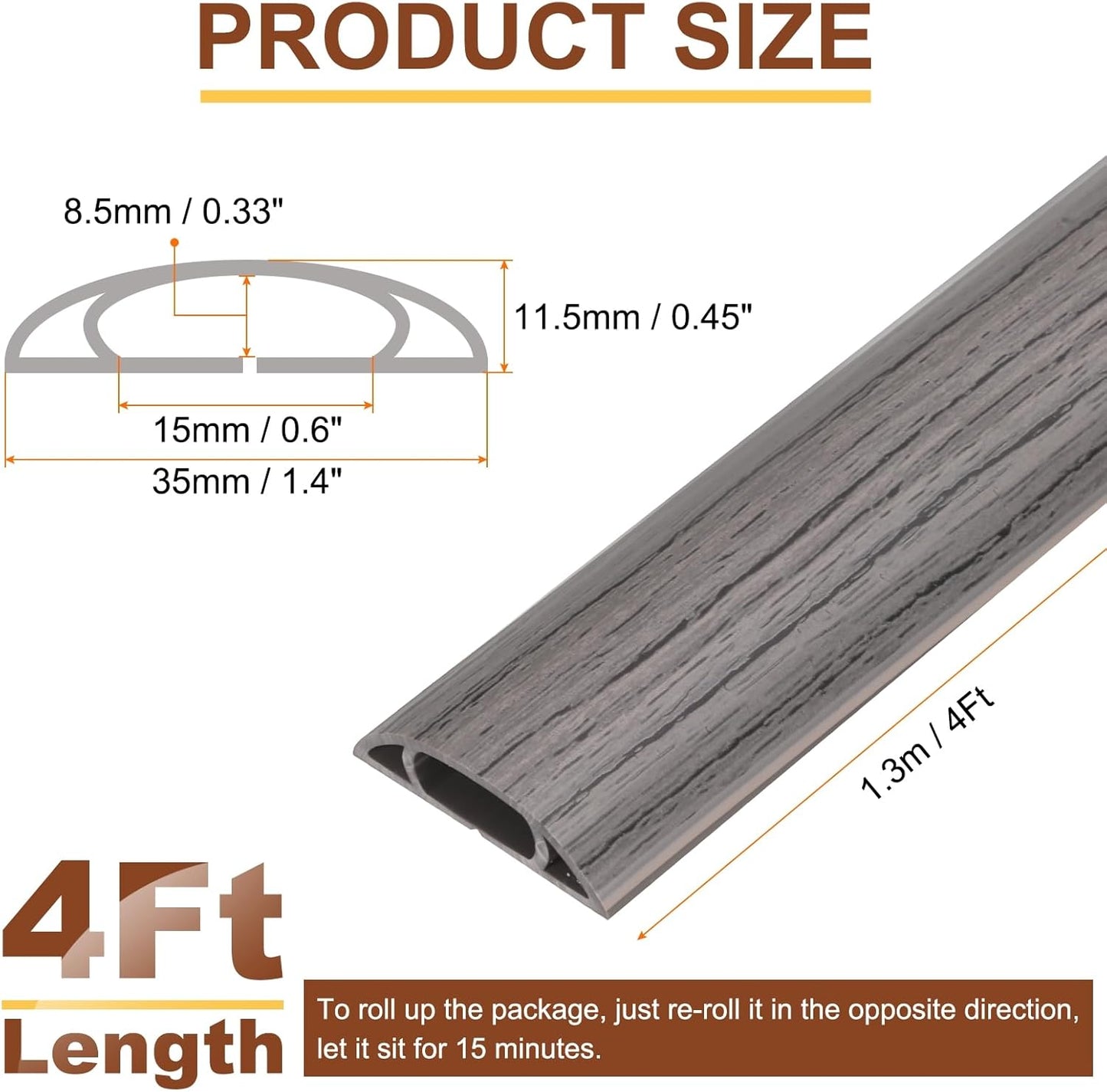 HARFINGTON 4ft Cord Cover Floor W0.6 x H0.33 Inner Channel PVC Hide Extension Cable Floor Wire Hider Wire Covers Protector for Prevent Cable Trips Cables Management, Dark Grey