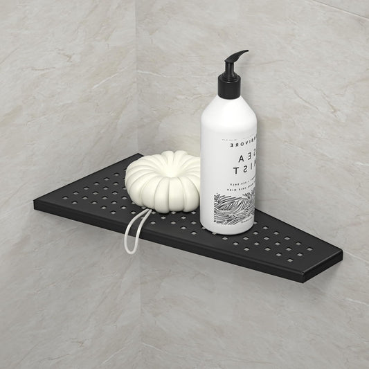 Corner Shower Shelf, Matte Black 12" Trapezoid Grout in Shampoo Shelf, 304 Stainless Steel Grid Design Recessed Bathroom Shelf for Tiled Wall