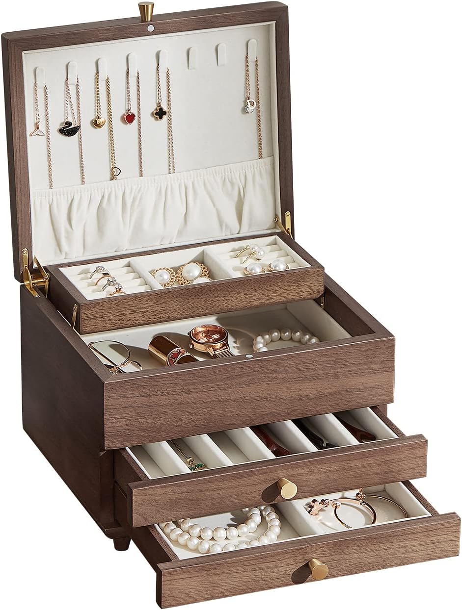 Wooden Jewelry Box, 3 Layer Large Jewelry Organizer for Women, Jewelry Storage, for Necklaces Rings Earring Watches Bracelets, Black Walnut Wood, Christmas Gifts