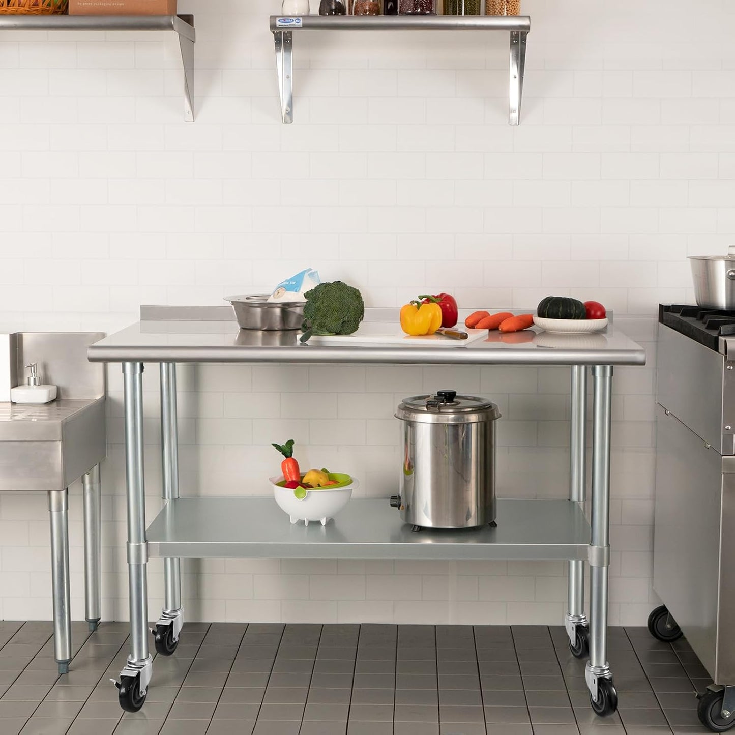 HARDURA Stainless Steel Table 24 x 60 Inches with Wheels Casters NSF Heavy Duty Commercial Prep Table with 2” Backsplash and Adjustable Undershelf for Restaurant Kitchen Home and Hotel