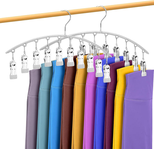 Legging Organizer for Closet, Metal Yoga Pants Hangers 2 Pack w/10 Clips Holds 20 Leggings, Space Saving, Clips Hanger for Pants, Shorts, Scarf, Hats Grey