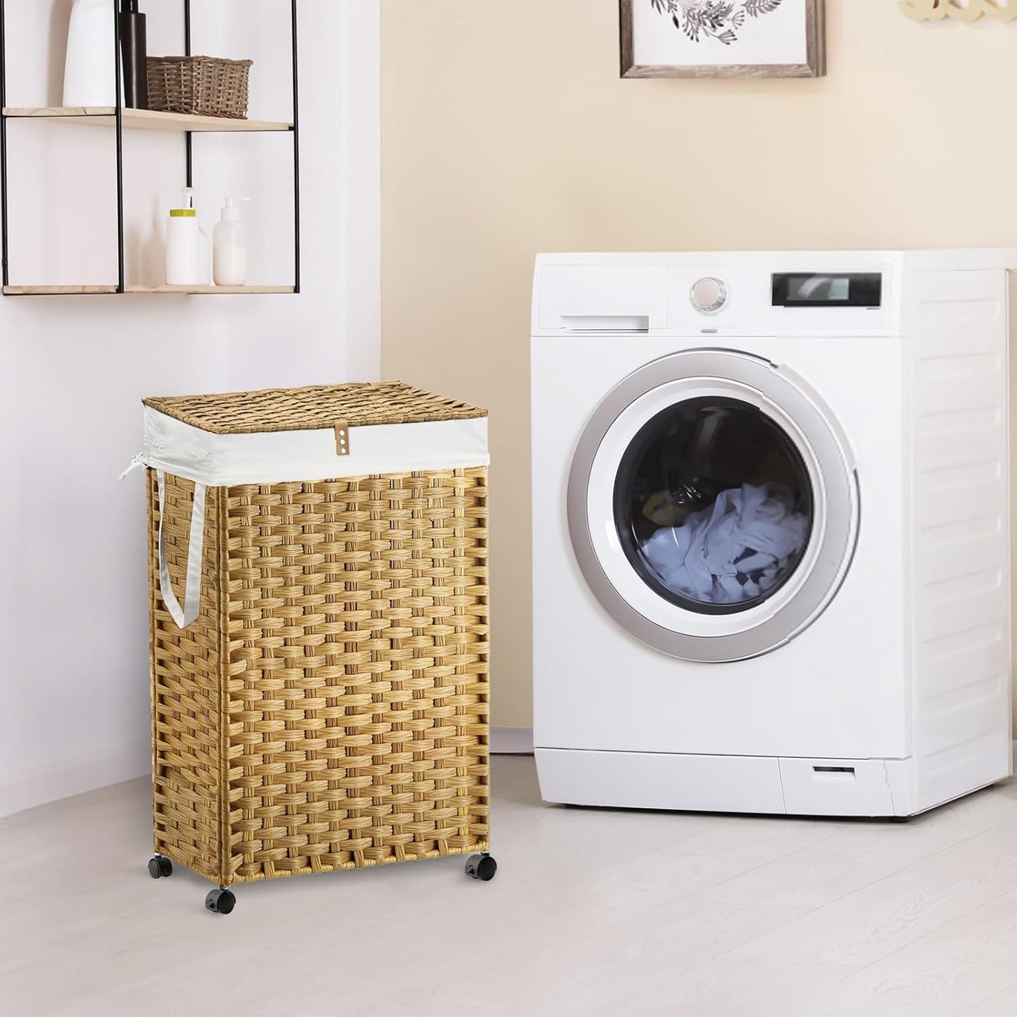 88L Slim Laundry Hamper with Wheels, 23.3 Gallon Rolling Laundry Basket with Lid, Tall and Narrow Laundry Hamper with 2 Removable Liner & 3 Mesh Bags, Laundry Sorter for Bathroom, Natural