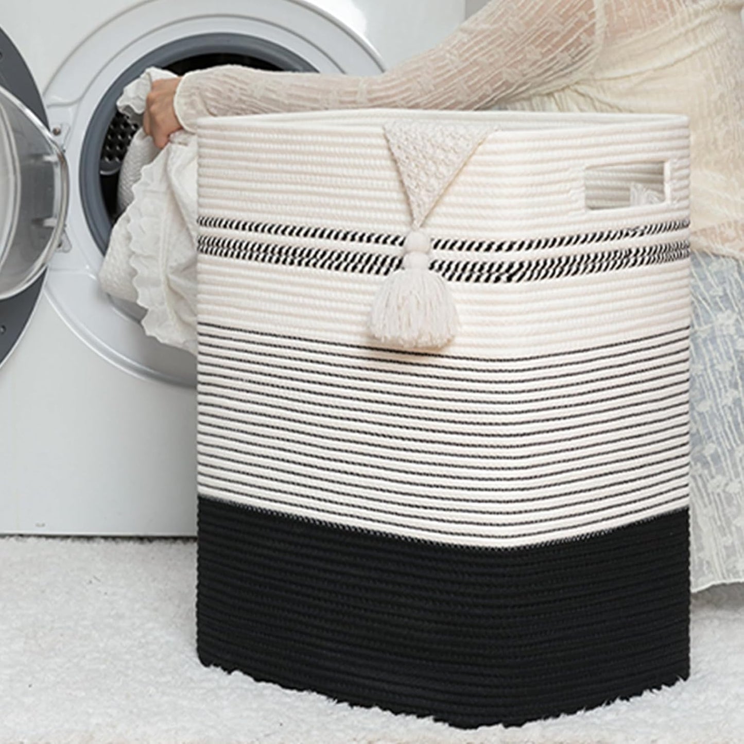 Laundry Hamper, Large Woven Rope Tall Laundry Basket with Handles, 22" X 17" X 13", Decorative Storage Basket for Clothes and Blankets in Living room, Bedroom, Black& White