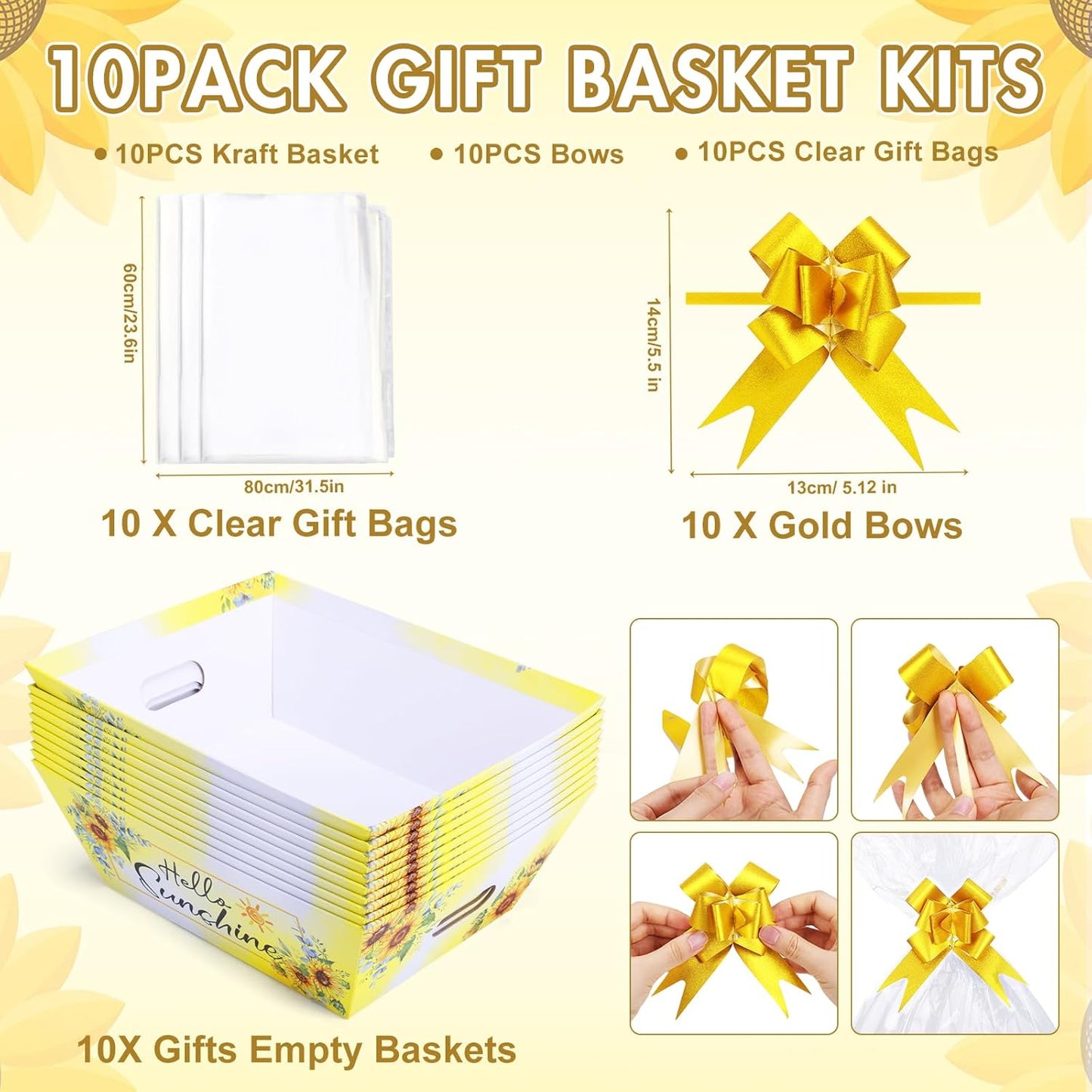 AFOROEOA 10PACK Sunshine Baskets for Gifts Empty, 10x12” Gift Baskets for Women Empty 10 Bows 10 Bags, Empty Gift Basket for Women Mother's Day Thanksgiving Christmas Easter Teacher Appreciation