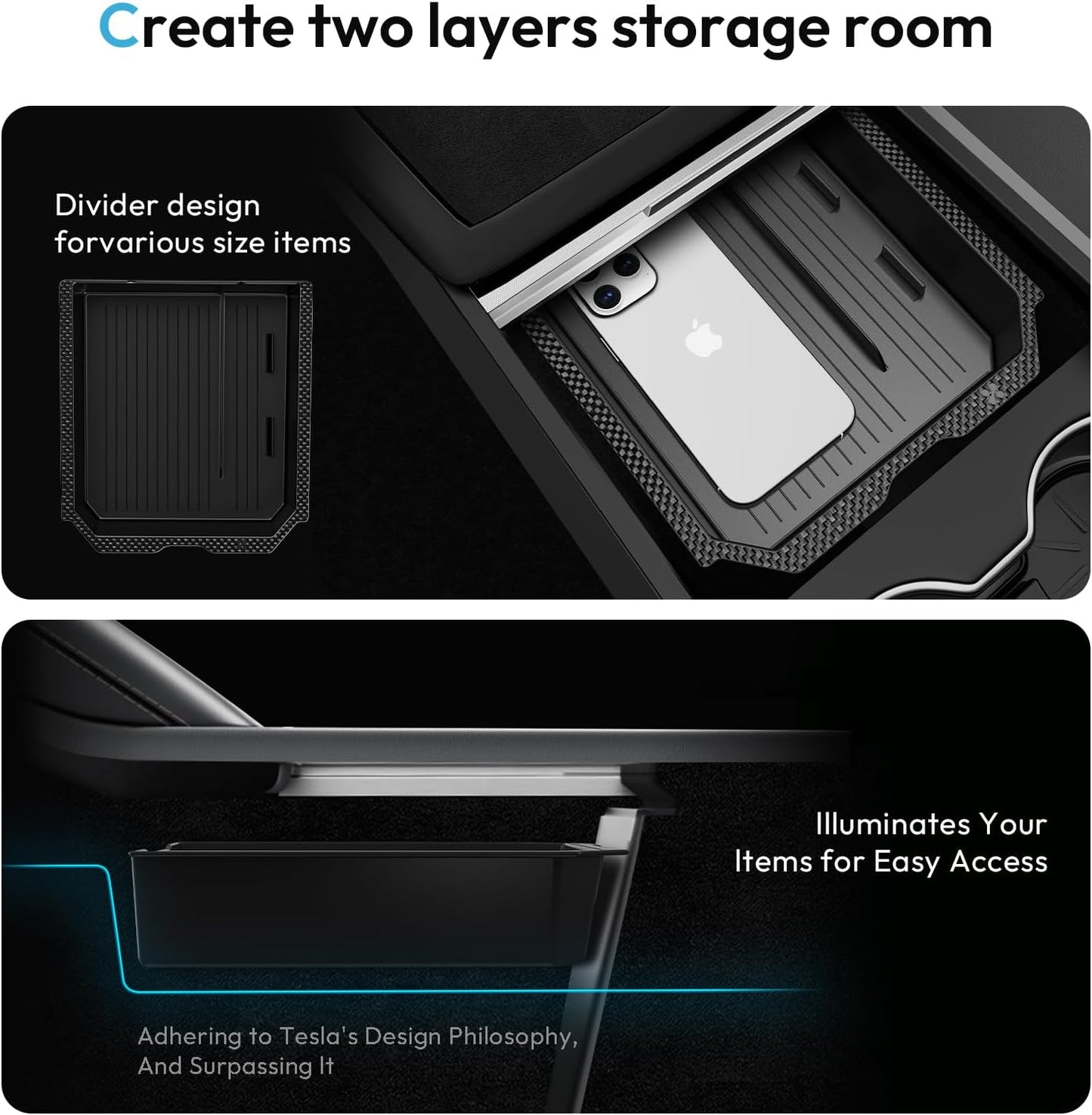 Center Console Organizer Tray for Tesla Model 3 Accessories 2024 2025, Cup Holder, Hidden Storage Box & Armrest Drawer Organizer for Tesla Model 3 Highland