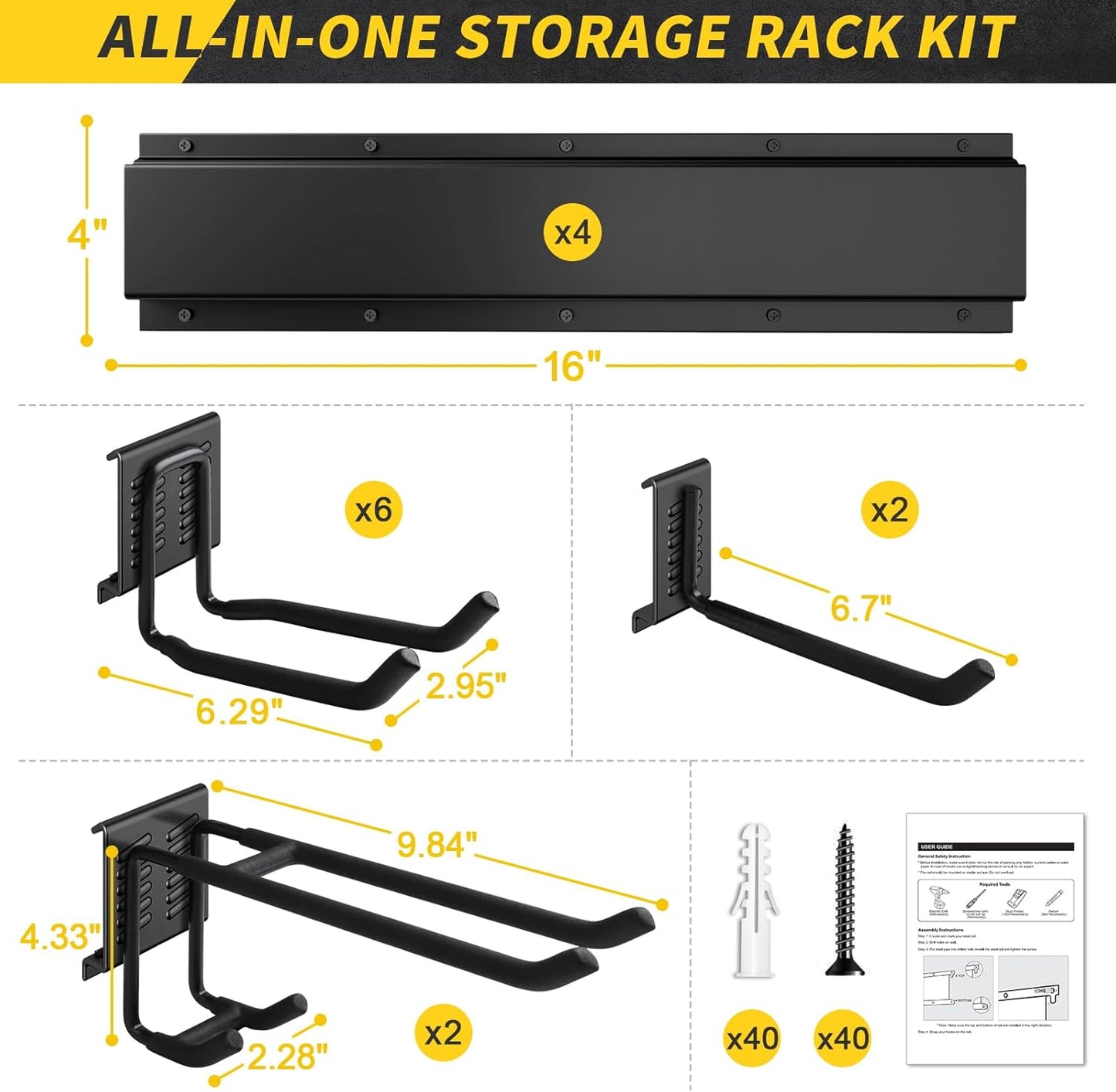 64 Inches Garage Storage, UUP Garage Organization Wall Mount Garden Tool Organizer, 620lbs Adjustable Metal Hooks, Yard Shed Rail Rack, Lawn Tool Holder for Hanging Rake Broom Mop Snowboard, Home Gift
