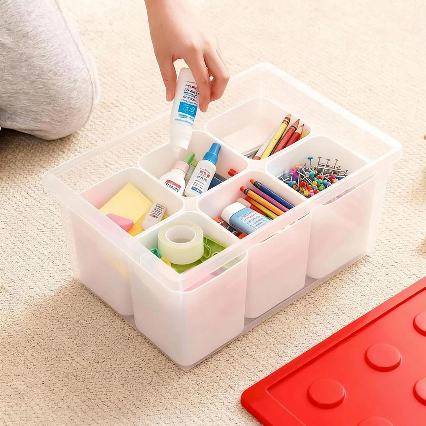 loobuu Plastic Storage Bins with Lids, Art Craft Supply Organizer Box with Brush Pot, Multipurpose Stackable Storage Containers for Organizing Tool, Craft, Crayon,Sewing (Red)