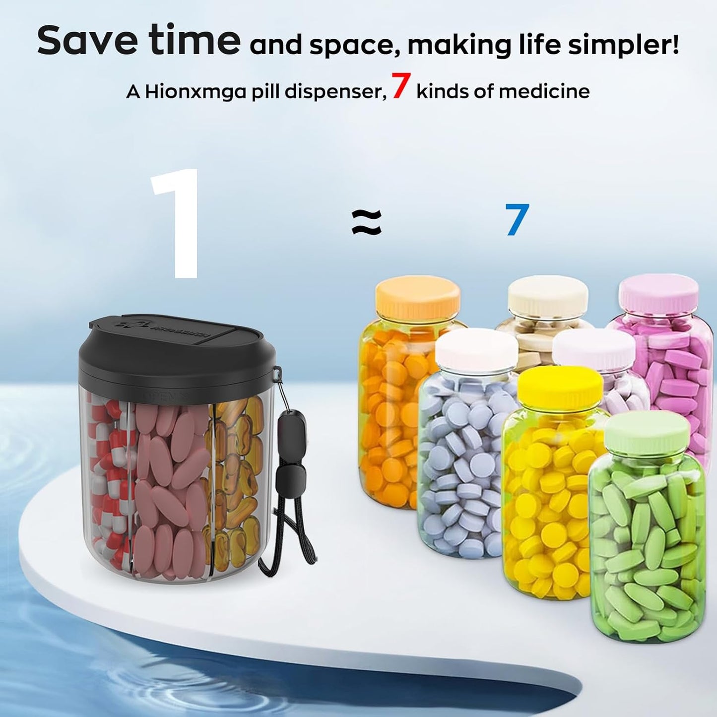 Pill Dispenser with 7 Large Compartments, Pill Bottle Organizer for Travel,Supplement Organizer with Anti-Mixing Design,BPA-Free Pill Container with 20 Pcs Labels,Black 2Pcs