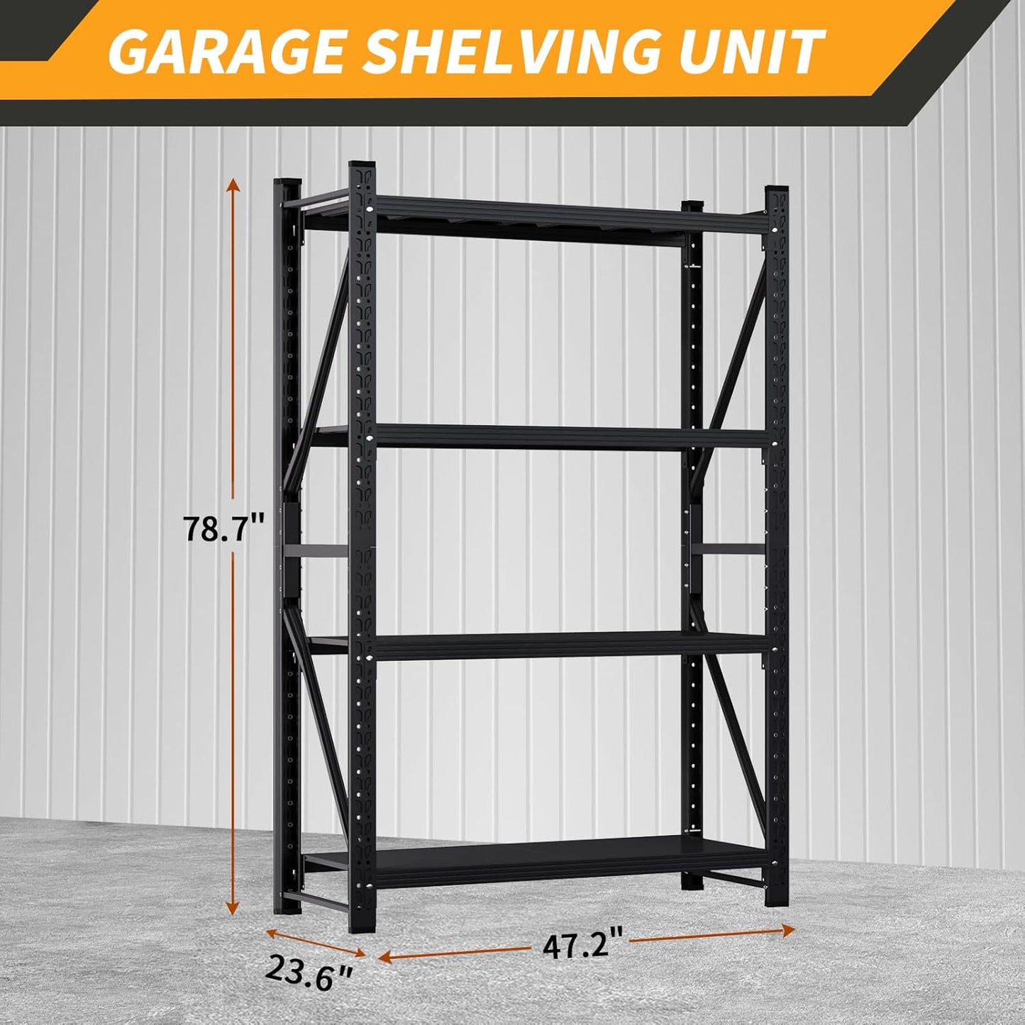 78.7"H Storage Garage Shelving Unit, 4000LBS Heavy Duty Metal Shelves Organization, Adjustable 4 Tier Utility Storage Shelf Rack for Industrial, Basement, Warehouse (Black, 23.6"D×47.2"W×78.7"H)