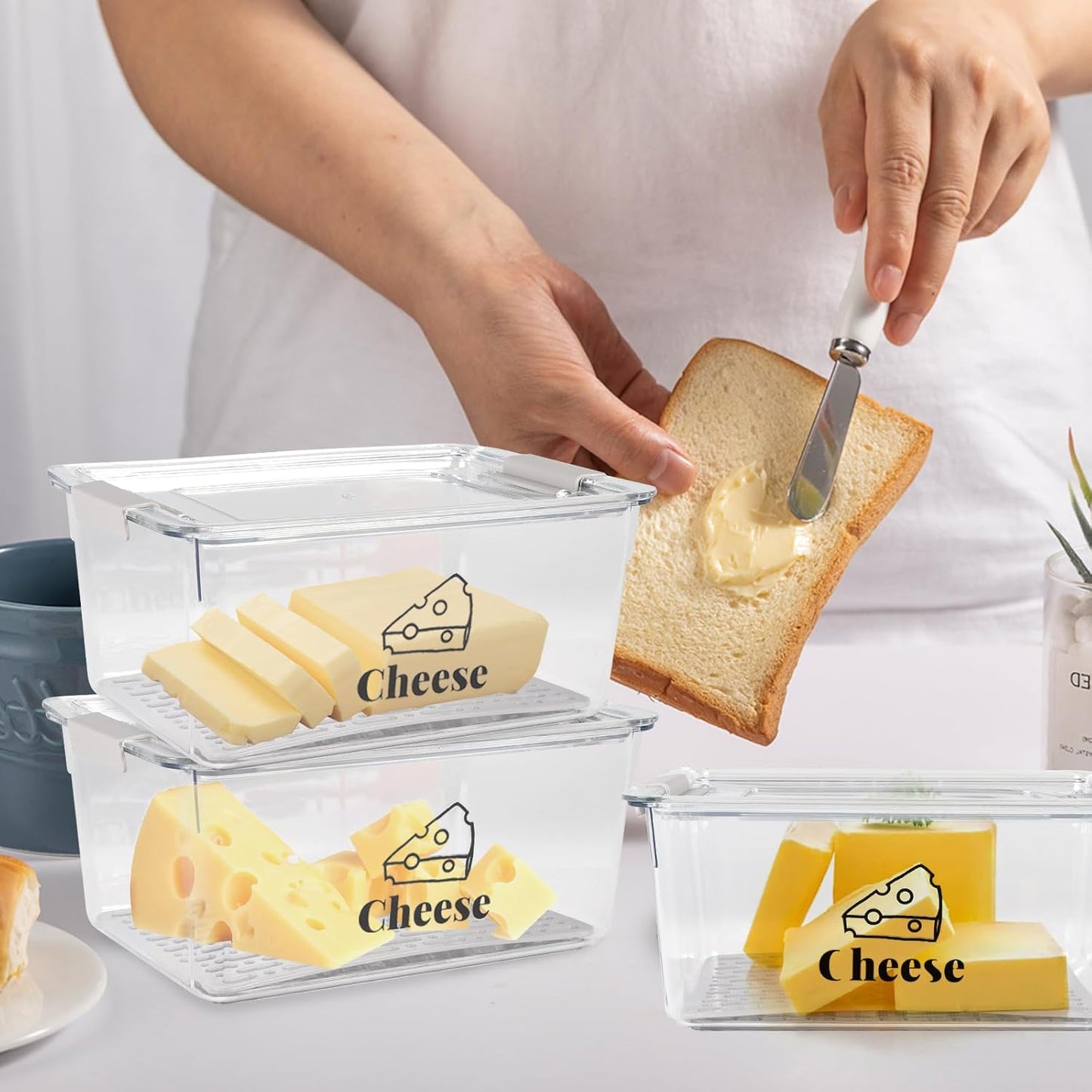 Cheese Holder Food Storage, Airtight Cheese Storage Box with Lid- Non Toxic, Lunch Meat Storage Sandwich Ham Cheeses Salami Sliced Turkey for Refrigerator to Keep Food Fresh,Clear-3Pack