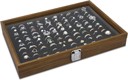 MOOCA Ring Box Jewelry Display Tray, Display Case Accessories Storage Box with Tempered Glass Hinge Lid, Black Lined Jewelry Tray for Rings, Walnut/Black Color, 14.1W x 10.2D x 2.1H in