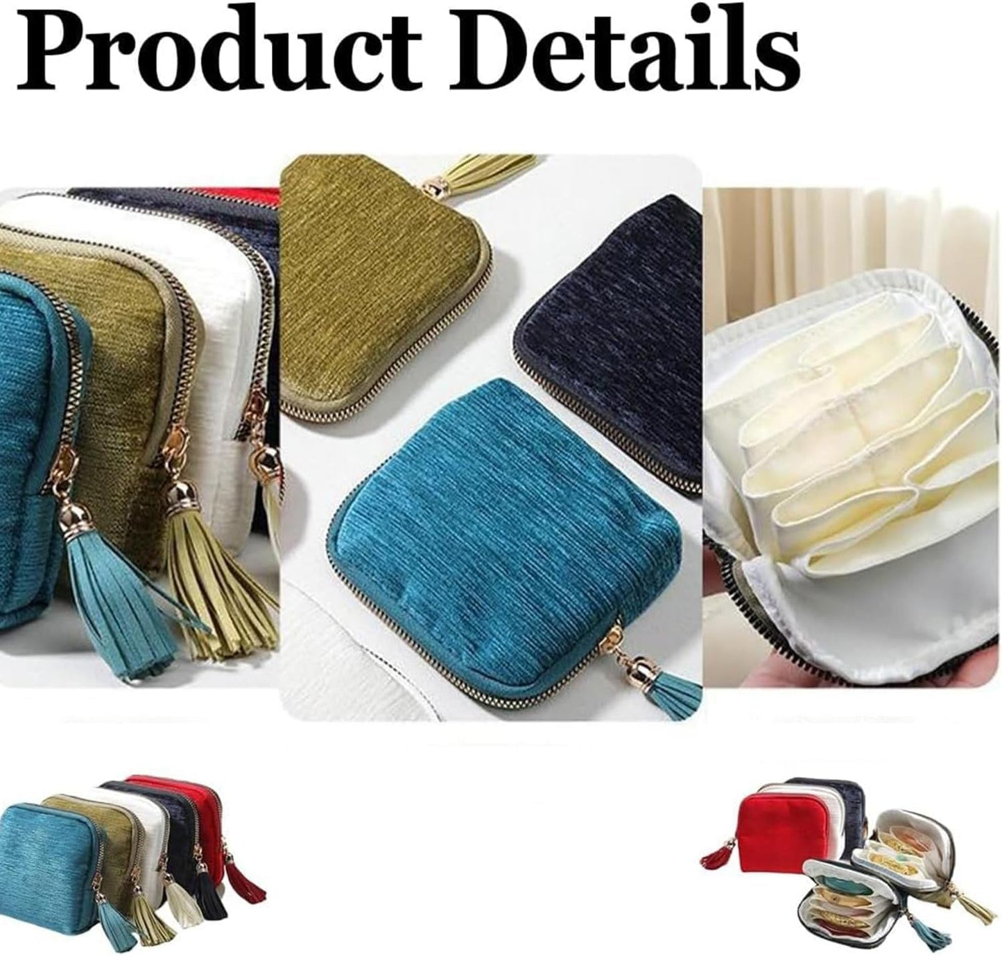Travel Jewelry Case, Portable Jewelry Storage Bag, Compact Foldable Five Compartments Organizer Pouch with Zipper & Tassel for Earring Necklace Ring Bracelet (Purple)