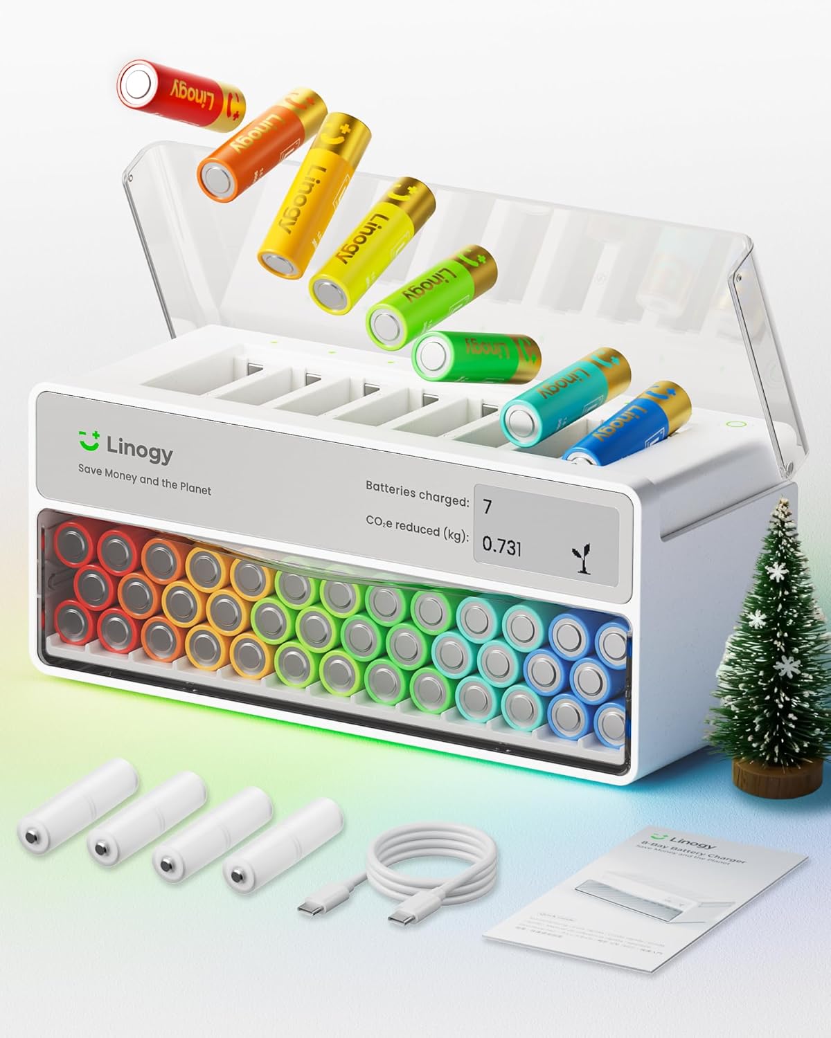 8-Slot Battery Charger Only, for AA AAA Lithium NiMH NiCd, Auto-Drop Rechargeable Battery Station with E-Ink, Storage, 3h Fast Charging, Bad Batteries Detection