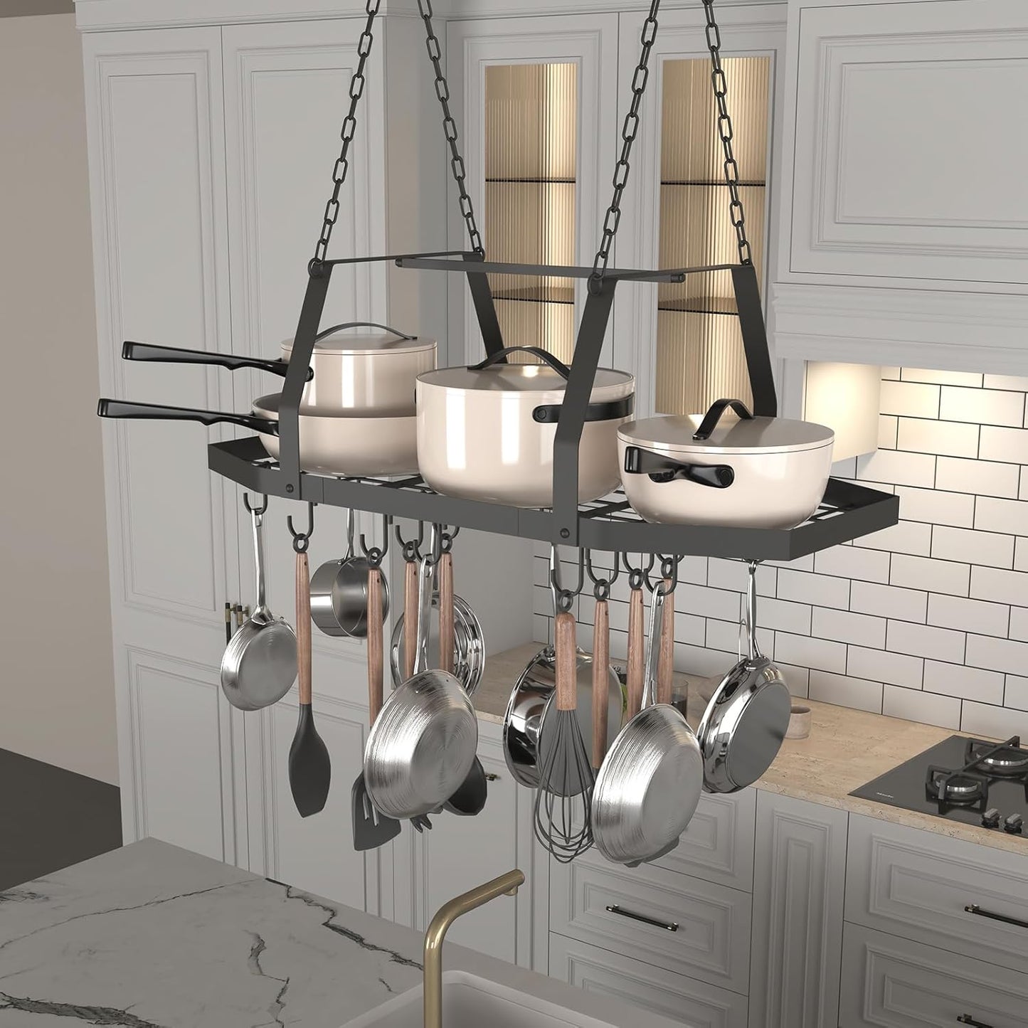 Hexagon Ceiling Pot Rack Hanging Pan Rack Hanging with 15 Hooks, 34" Metal Hanging Pots and Pans Ceiling Mount Organizer Rack, Pot and Pan Hangers for Kitchen Cookware Utensils