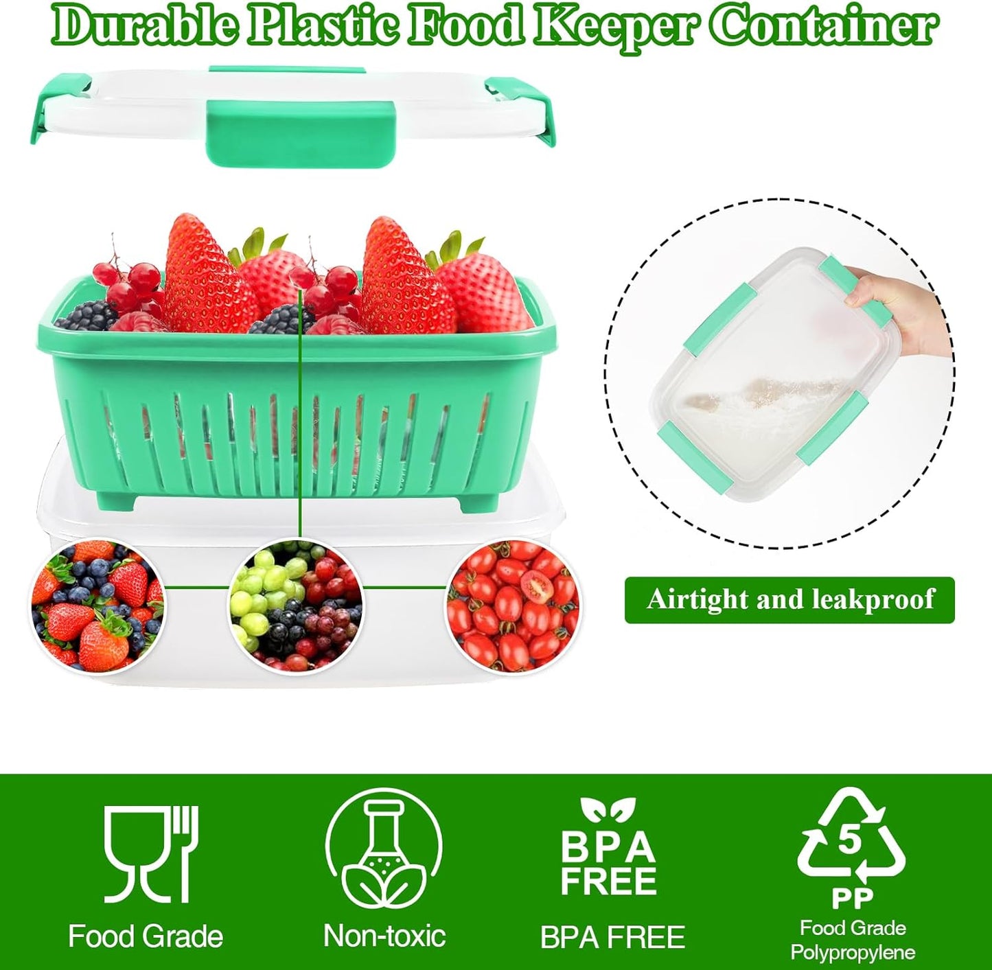 68oz Berry Keeper Fruit Storage Container for Fridge, Fresh Food Produce Saver Containers with Removable Drain Colander, Vegetable Lettuce Keeper Bowl, Refrigerator Organizer, PRESS TO OPEN CLOSE LID