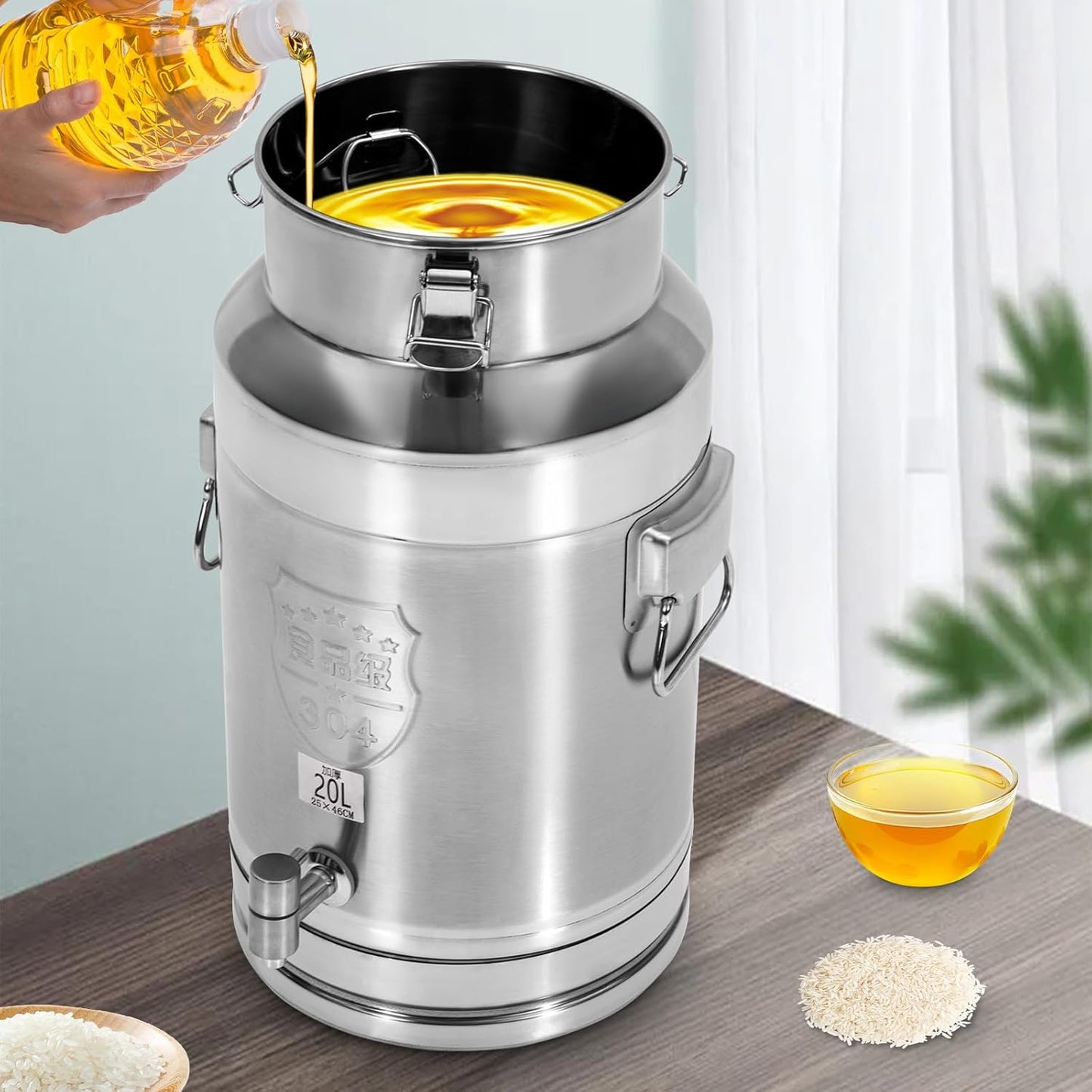 Milk Can Barrel Stainless Steel Beverage Drink Dispenser Large Capacity Storage Bucket Container with Faucet and Handles for Milk Coffee Wine Oil Rice Cereals Water (20L/5.28Gal)