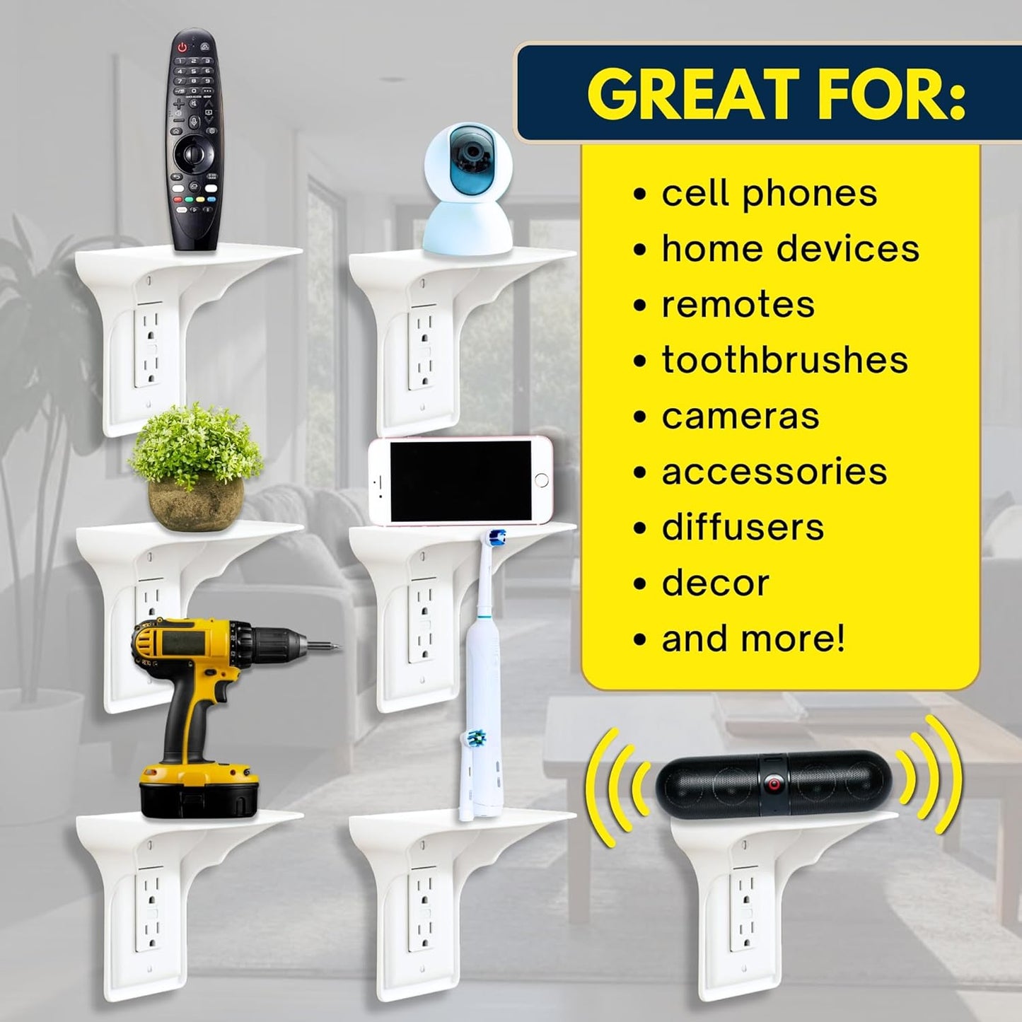 BeraTek Power Perch Wall Outlet Shelf with Cord Storage Strap - Declutter & Reclaim Bathroom Counter Space - Echo Dot Stand, Homepod Mini Wall Mount, Smart Home Devices Organizer - White, 2-Pack