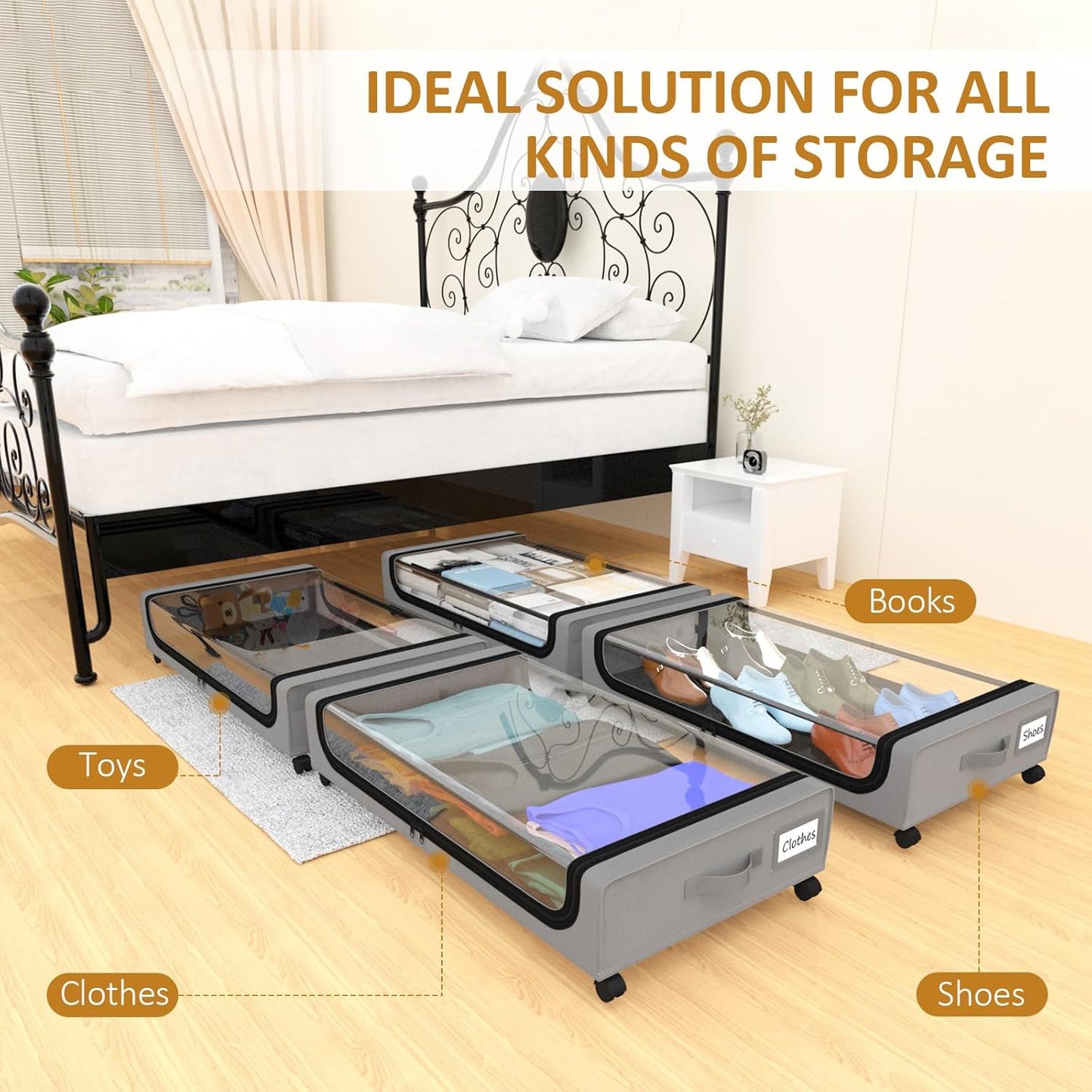 Large Under Bed Storage with Wheels, Under Bed Storage Containers, Under Bed Shoe Storage Organizer, Rolling Underbed Storage Containers for Bedroom Clothes Shoes Blankets, 4 Pack, Grey