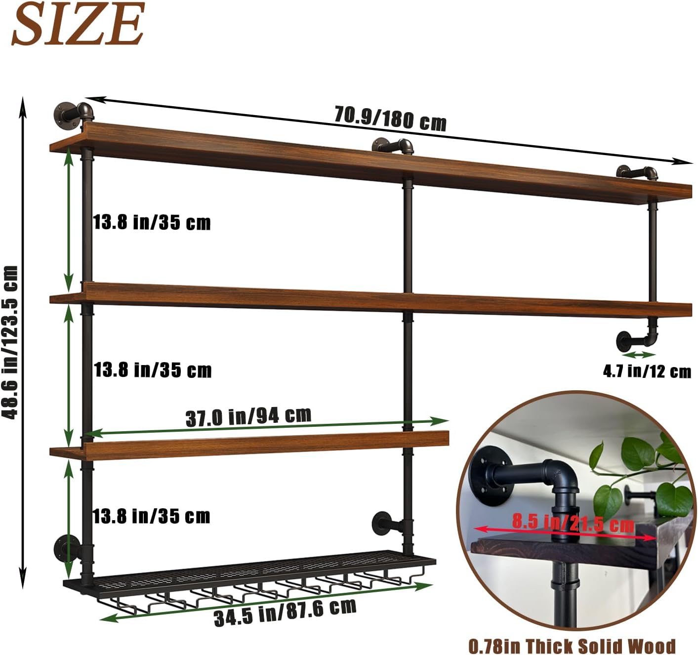 Solid Wood Wall Mounted Wine Rack, Large Wine Rack with LED Light, 4 Tiers Liquor Bottles Floating Shelves with Glass Holder, Industrial Bar Shelves for Home Bar Dining Room (70.9 IN/ 180CM)