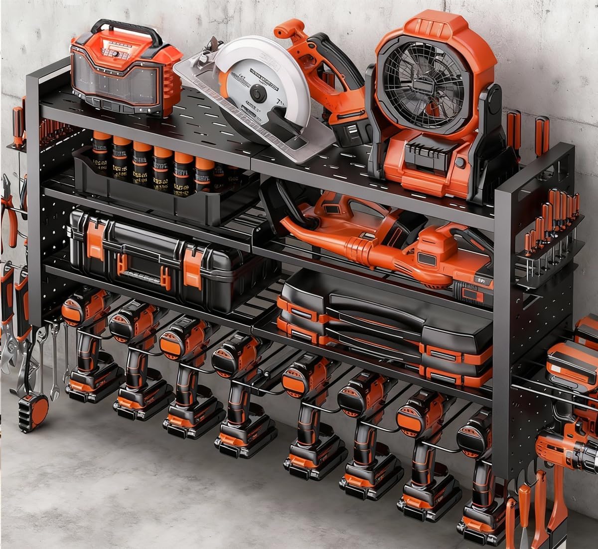 33" W Power Tool Organizer Wall Mount,4-Layer Heavy Duty Tool Storage with 10 Cordless Drill Holder,300 lb Capacity Garage Organization for Garage and Workshop,Black