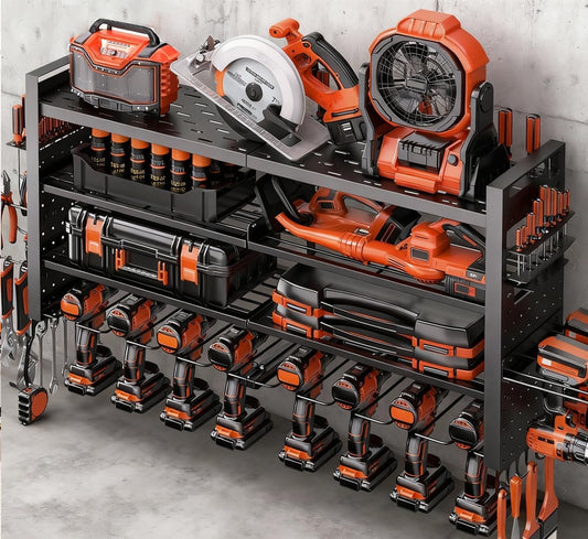 33" W Power Tool Organizer Wall Mount,4-Layer Heavy Duty Tool Storage with 10 Cordless Drill Holder,300 lb Capacity Garage Organization for Garage and Workshop,Black