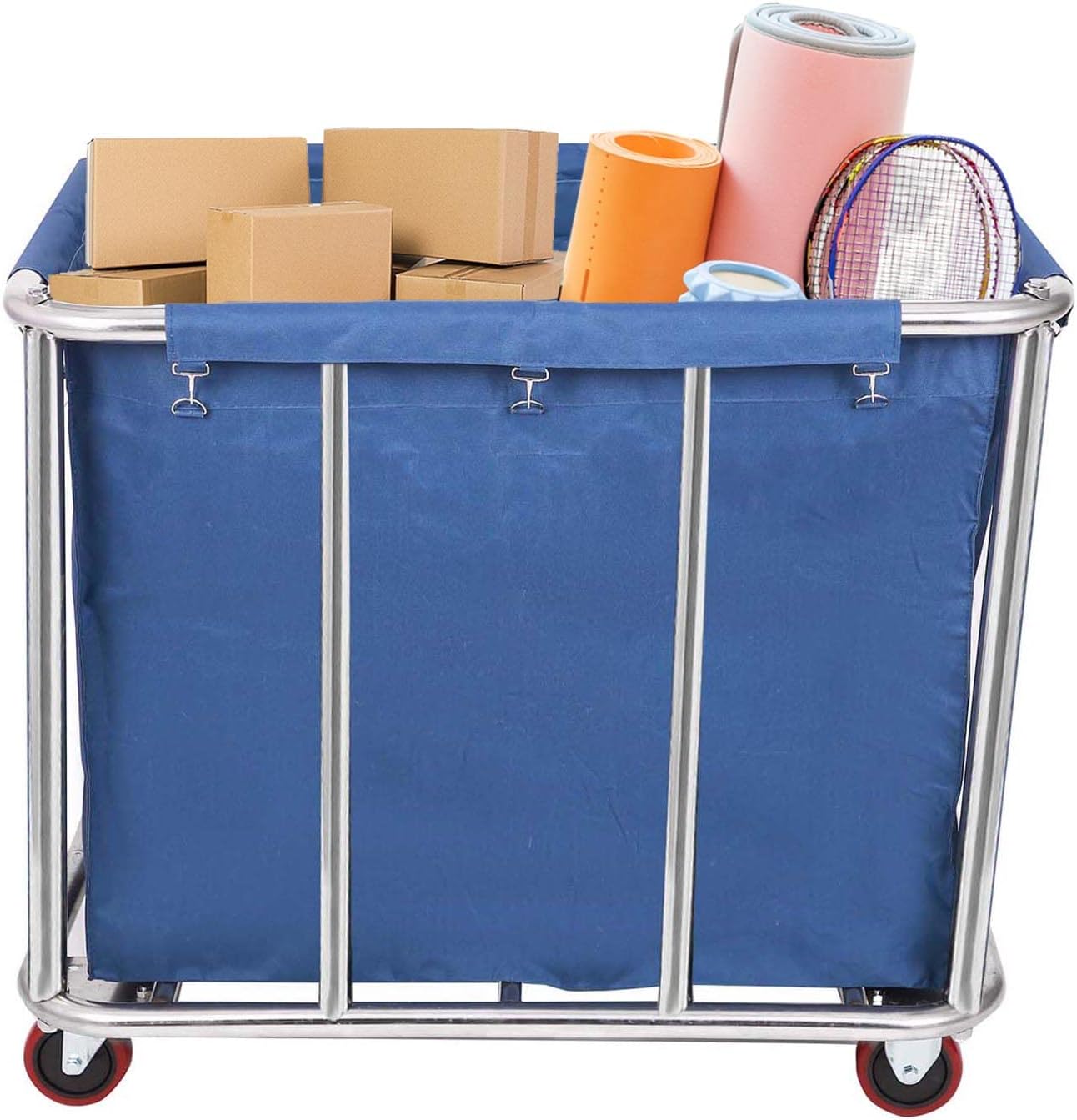 12 Bushels Laundry Cart Commercial/Home,Heavy Duty Large Stainless Steel Rolling Laundry Basket with Wheels，for Laundry Organizer and Storage,260LBS Load (12 Bushels - Blue - 8 Tubes)
