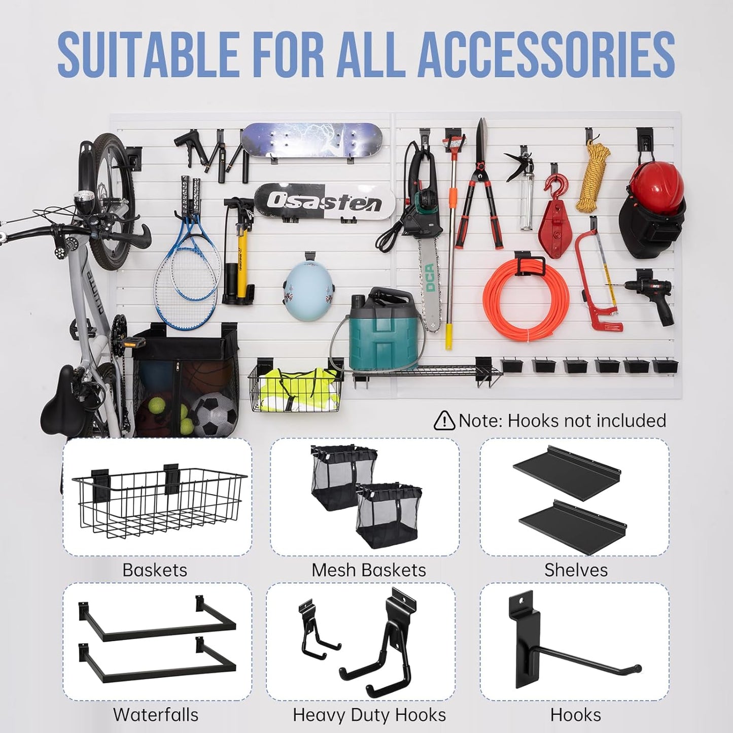 Slatwall Panels Garage Slat Wall Storage Systems 4'x 8', Slat Wall Paneling Garage Wall Organizer, White Slat Board PVC Wall Panels Slatwall Displays Garage Tool Organizer Wall Mount Ladder Bike Rack