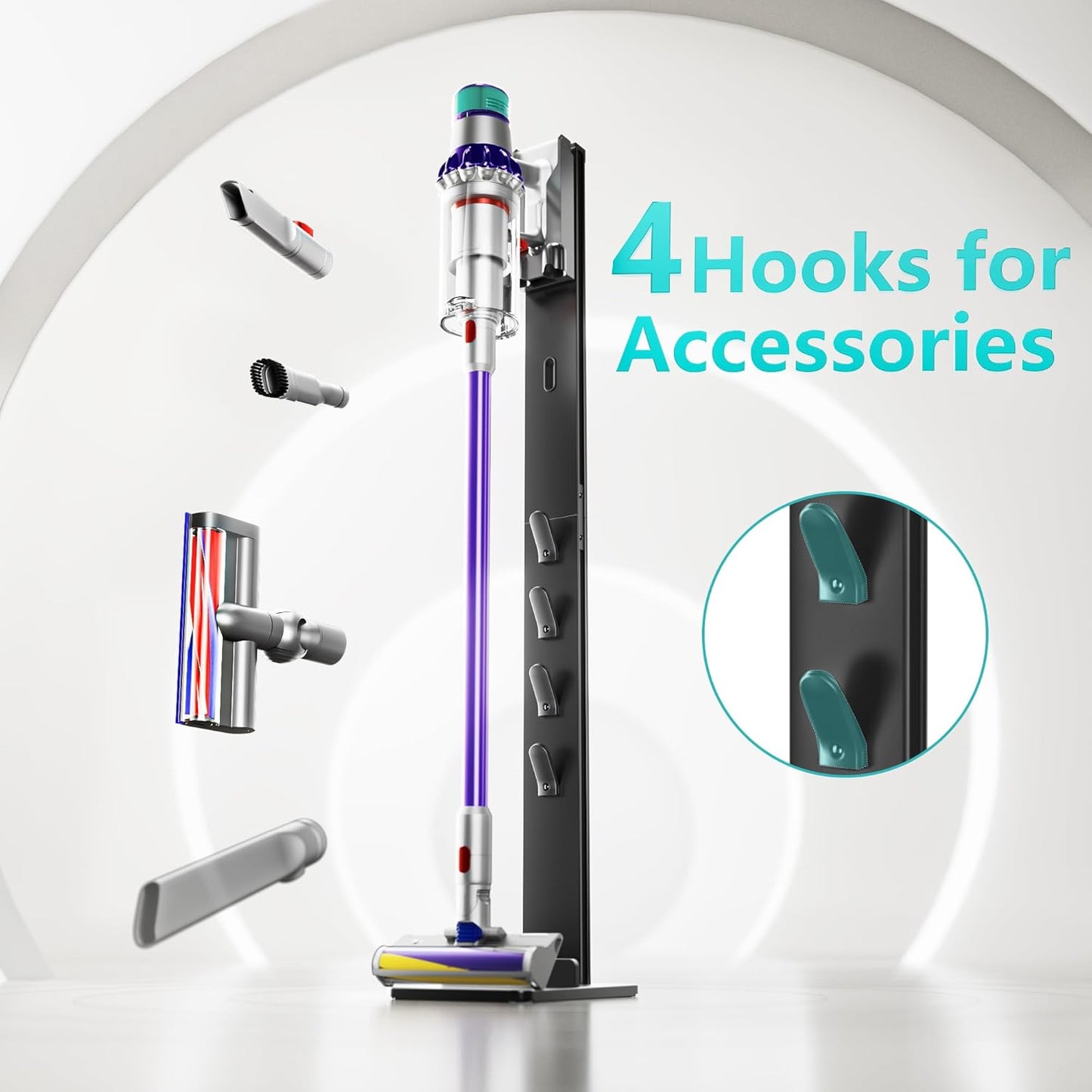 Vacuum Cleaner Stand, Compatible with Cordless Vacuums Dyson Gen5 V15 V12 V11 V10 V8 V7 V6, Floor Vacuum Accessory Holder with 4 Hooks, Metal Storage Bracket Organizer, Black